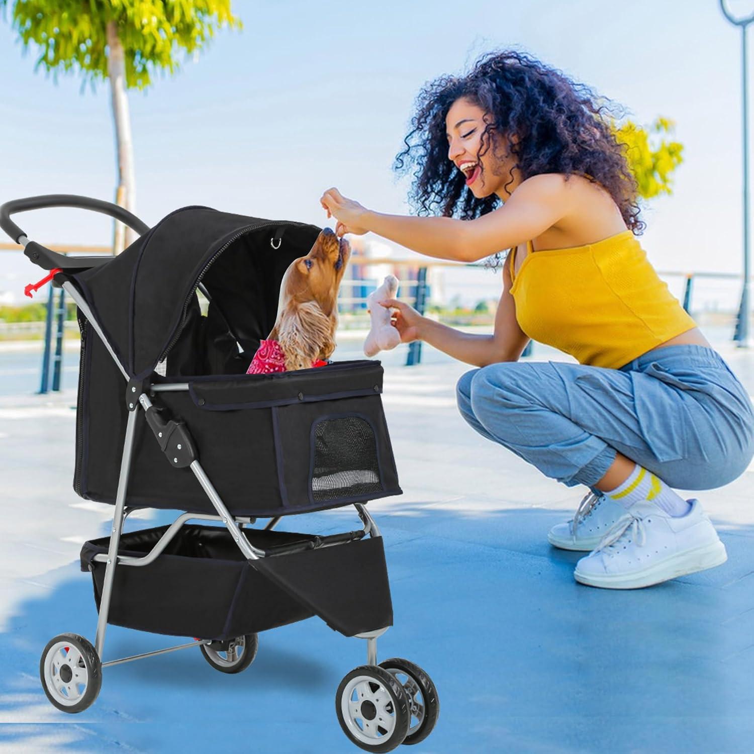image:imageFDW Pet Stroller 3Wheel Durable Foldable Cat Dog Stroller with Washable Liner Storage Basket Cup HolderBlackBlack