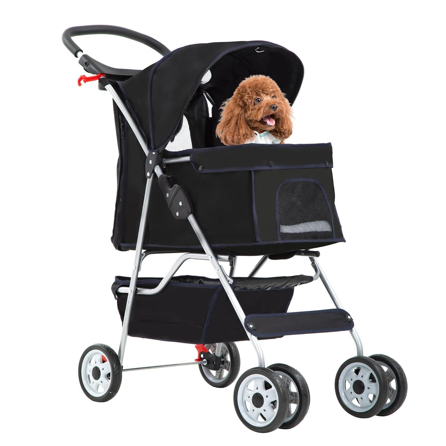 image:imageFDW Pet Stroller 3Wheel Durable Foldable Cat Dog Stroller with Washable Liner Storage Basket Cup HolderBlackBlack