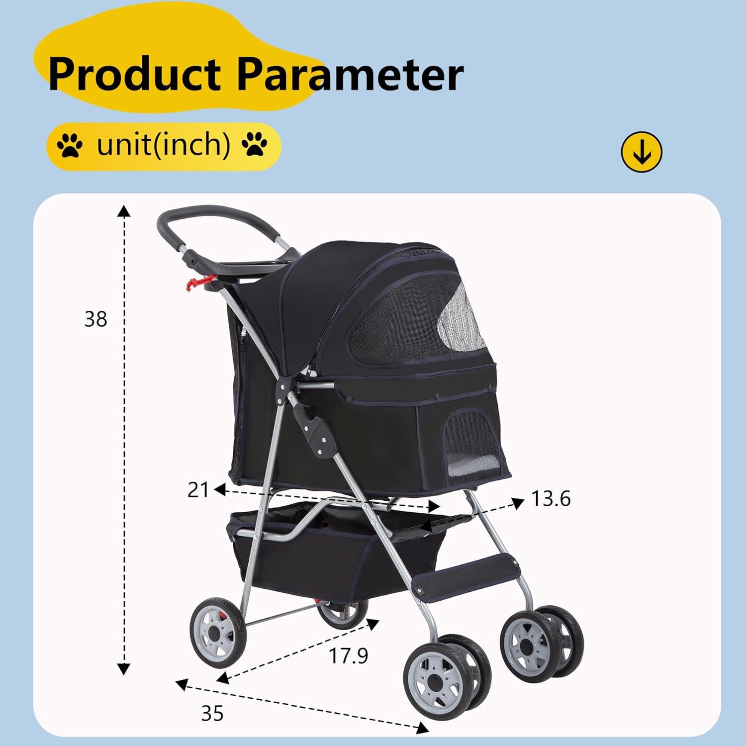 image:imageFDW Pet Stroller 3Wheel Durable Foldable Cat Dog Stroller with Washable Liner Storage Basket Cup HolderBlackBlack