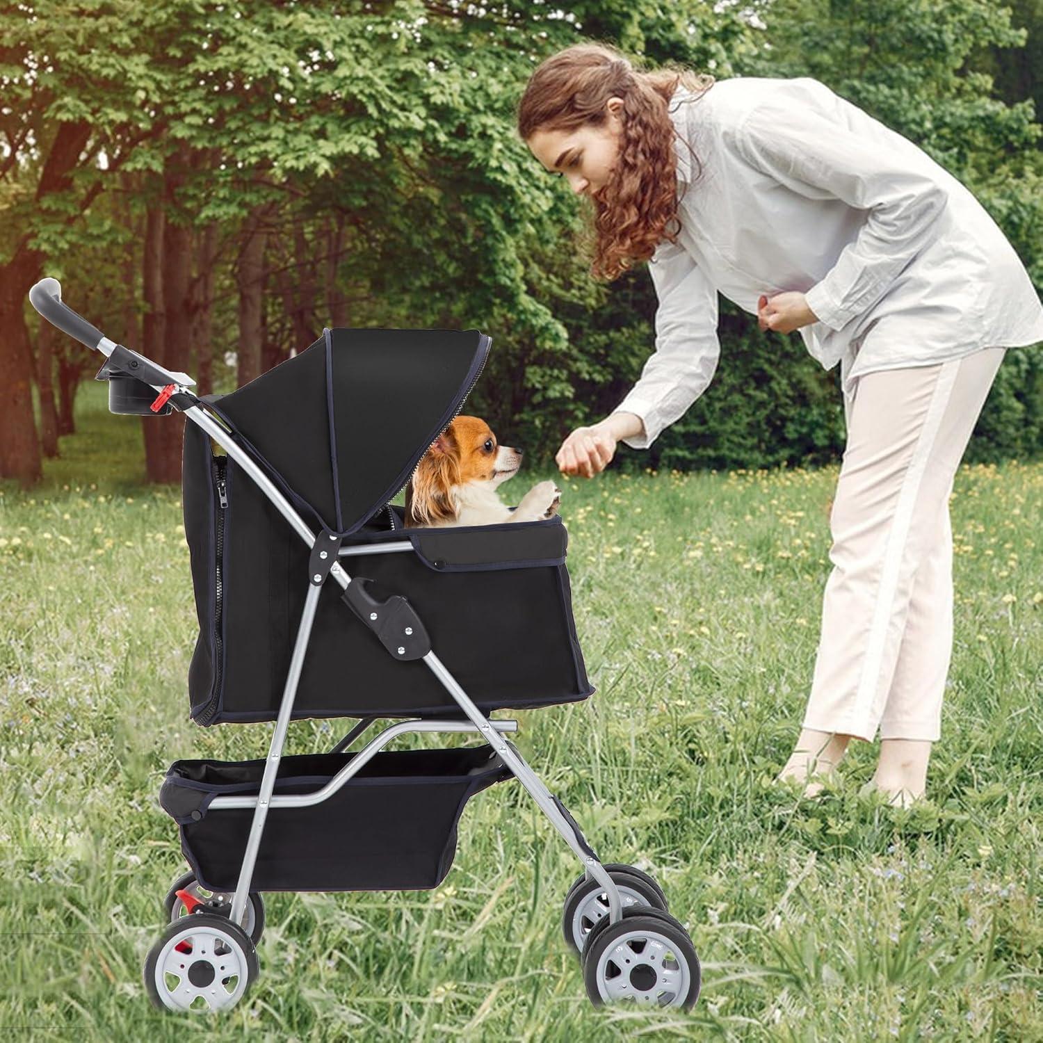 image:imageFDW Pet Stroller 3Wheel Durable Foldable Cat Dog Stroller with Washable Liner Storage Basket Cup HolderBlackBlack