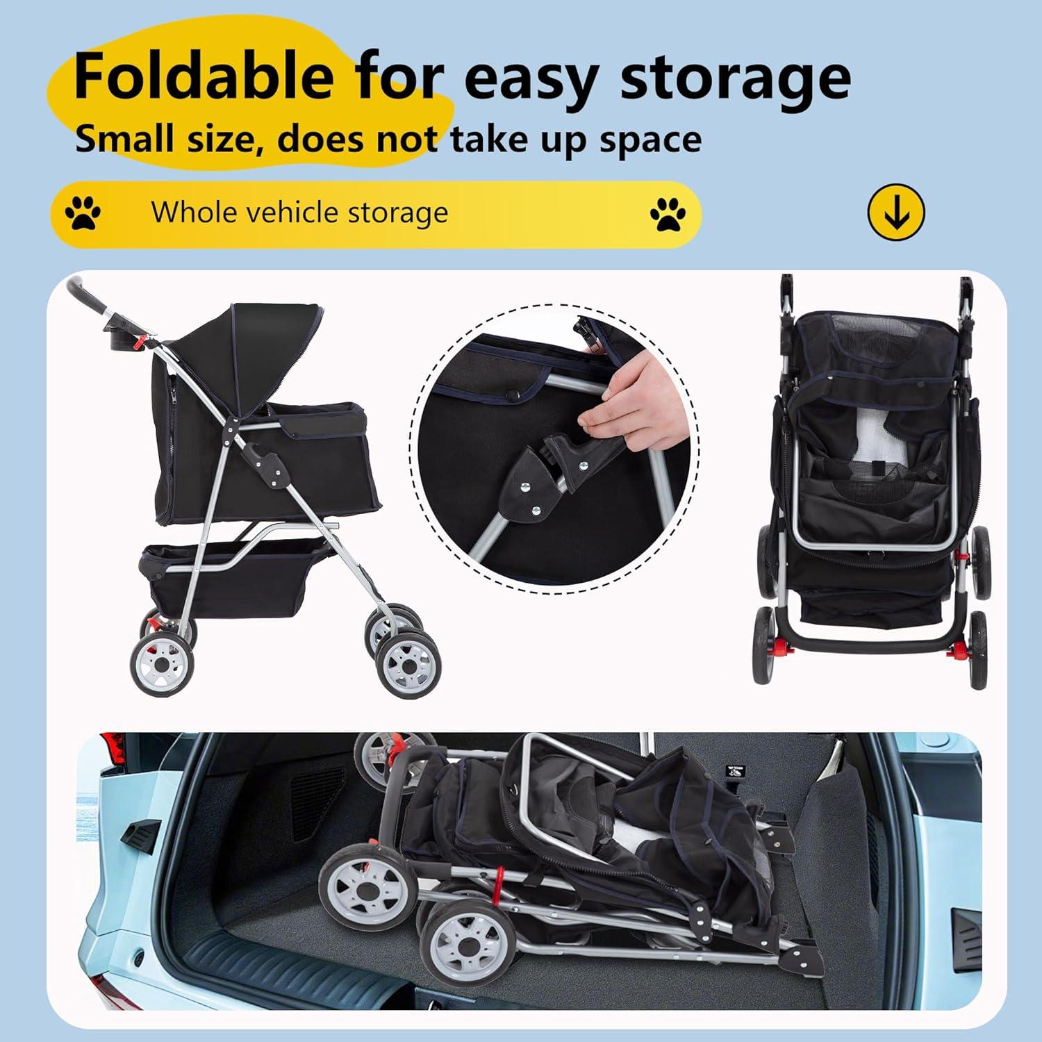 image:imageFDW Pet Stroller 3Wheel Durable Foldable Cat Dog Stroller with Washable Liner Storage Basket Cup HolderBlackBlack