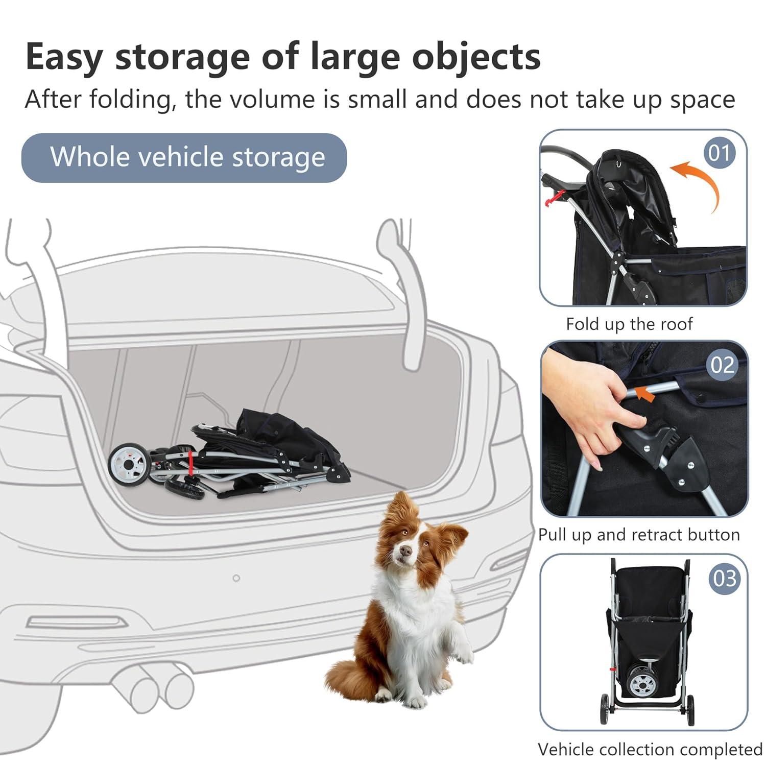 image:imageFDW Pet Stroller 3Wheel Durable Foldable Cat Dog Stroller with Washable Liner Storage Basket Cup HolderBlackBlack