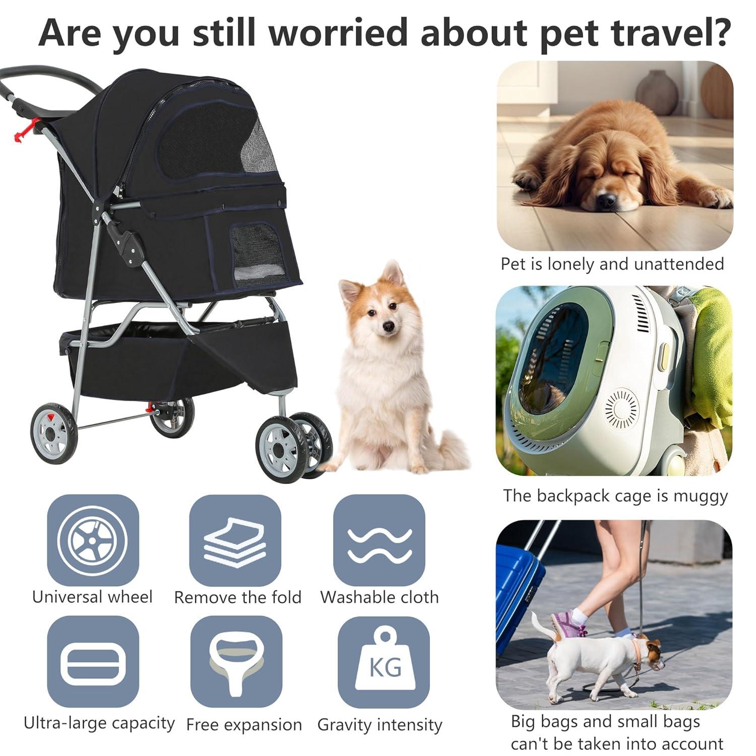 image:imageFDW Pet Stroller 3Wheel Durable Foldable Cat Dog Stroller with Washable Liner Storage Basket Cup HolderBlackBlack