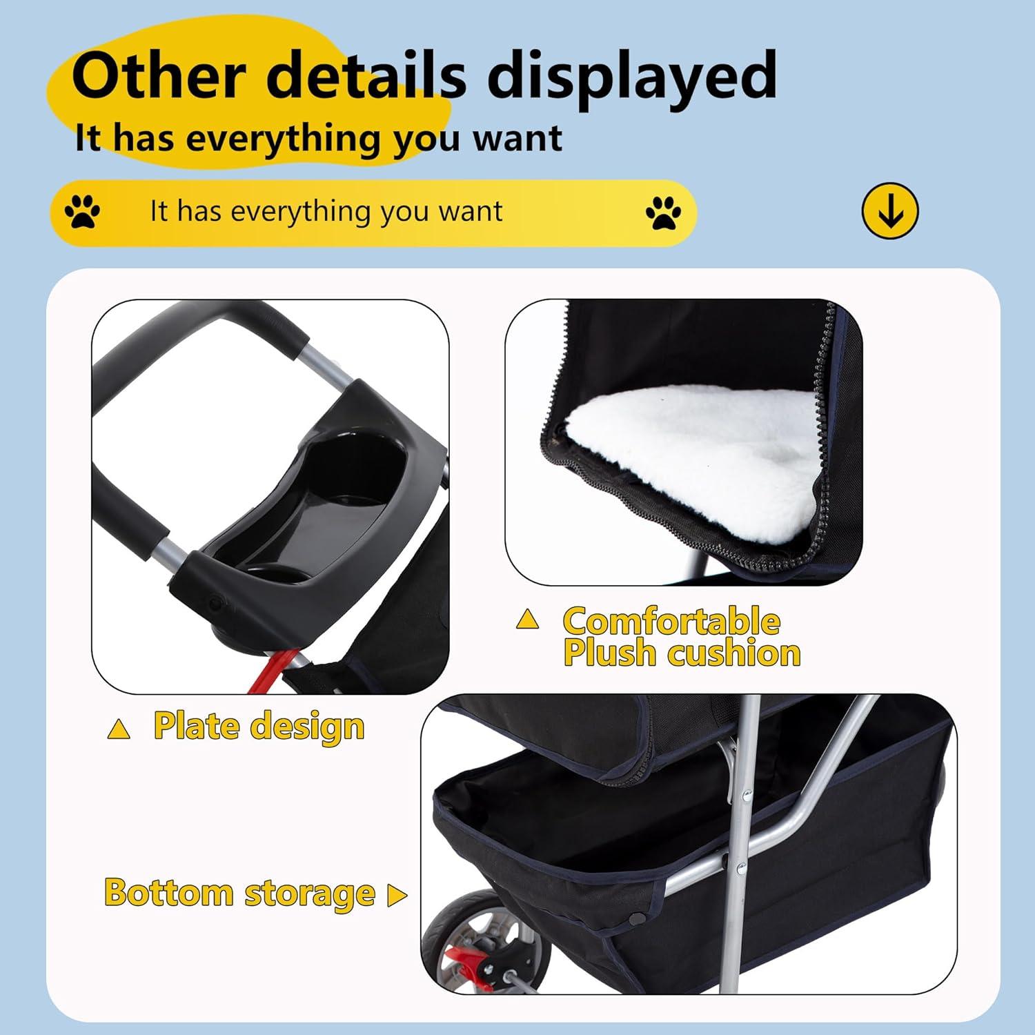 image:imageFDW Pet Stroller 3Wheel Durable Foldable Cat Dog Stroller with Washable Liner Storage Basket Cup HolderBlackBlack