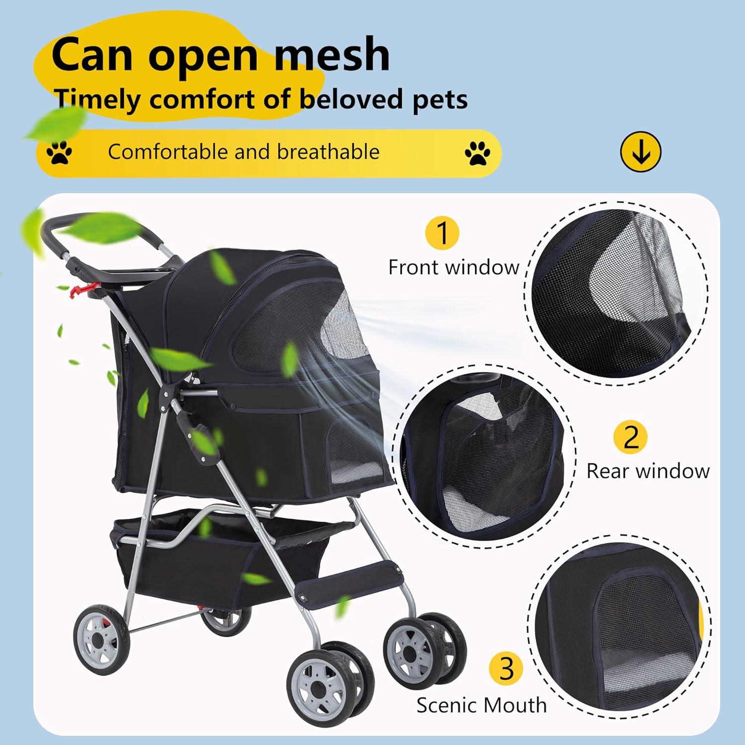 image:imageFDW Pet Stroller 3Wheel Durable Foldable Cat Dog Stroller with Washable Liner Storage Basket Cup HolderBlackBlack