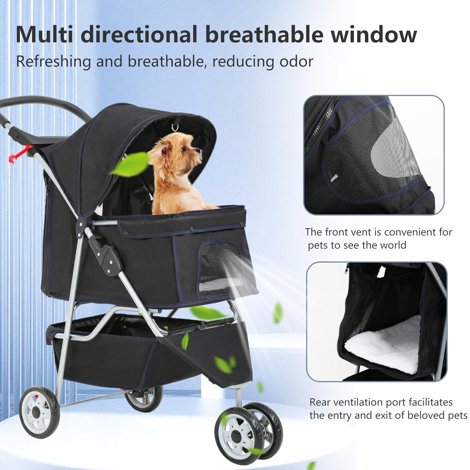 image:imageFDW Pet Stroller 3Wheel Durable Foldable Cat Dog Stroller with Washable Liner Storage Basket Cup HolderBlackBlack
