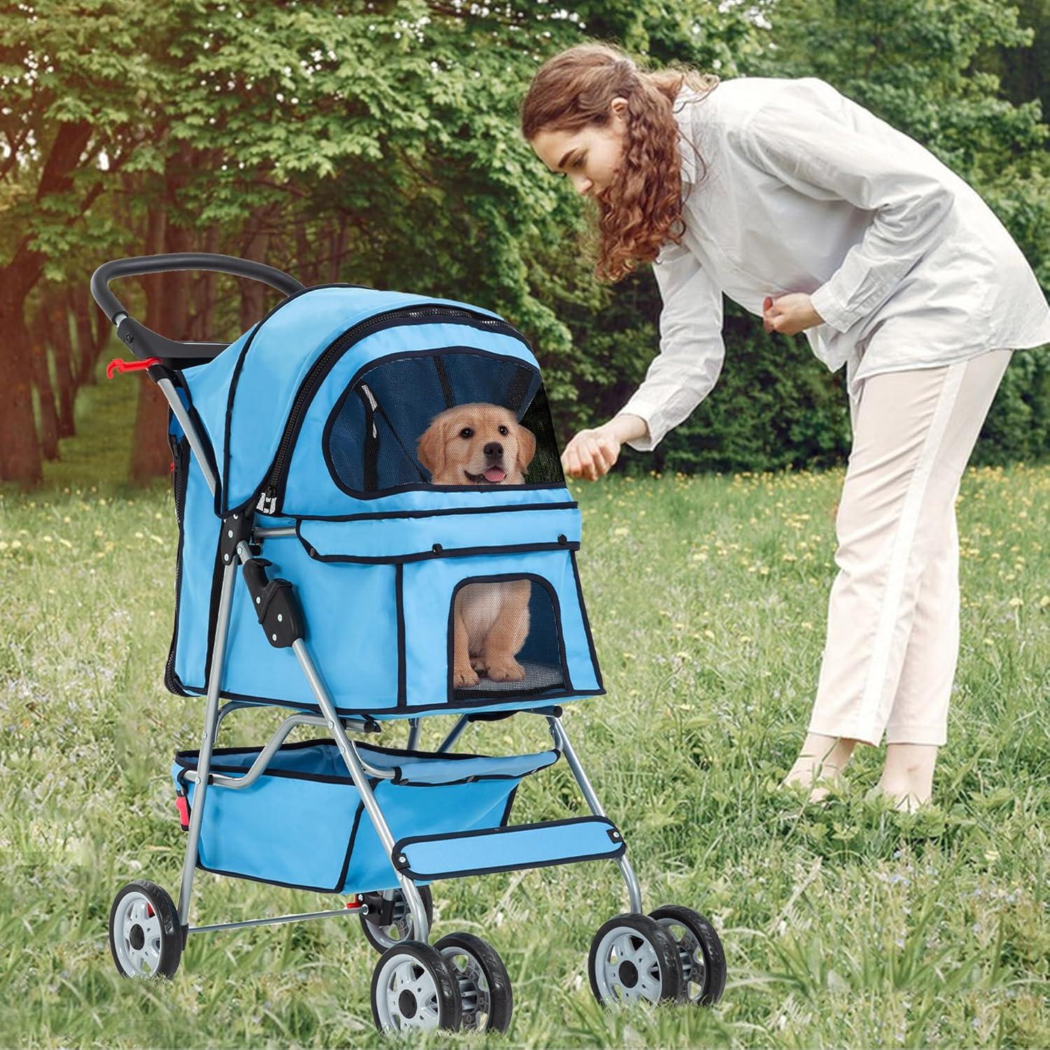 image:imageFDW Pet Stroller 3Wheel Durable Foldable Cat Dog Stroller with Washable Liner Storage Basket Cup HolderBlackBlue