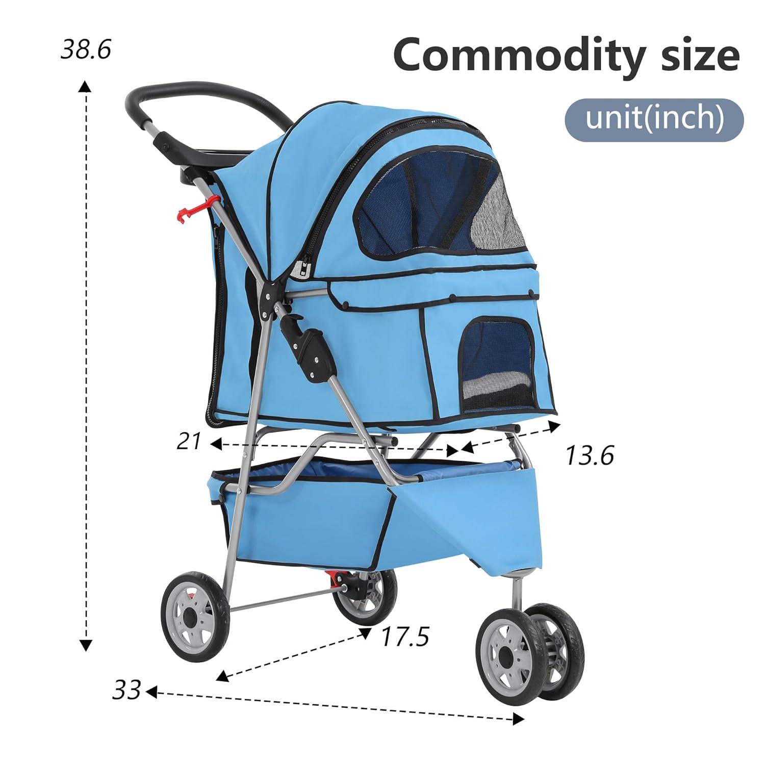 image:imageFDW Pet Stroller 3Wheel Durable Foldable Cat Dog Stroller with Washable Liner Storage Basket Cup HolderBlackBlue