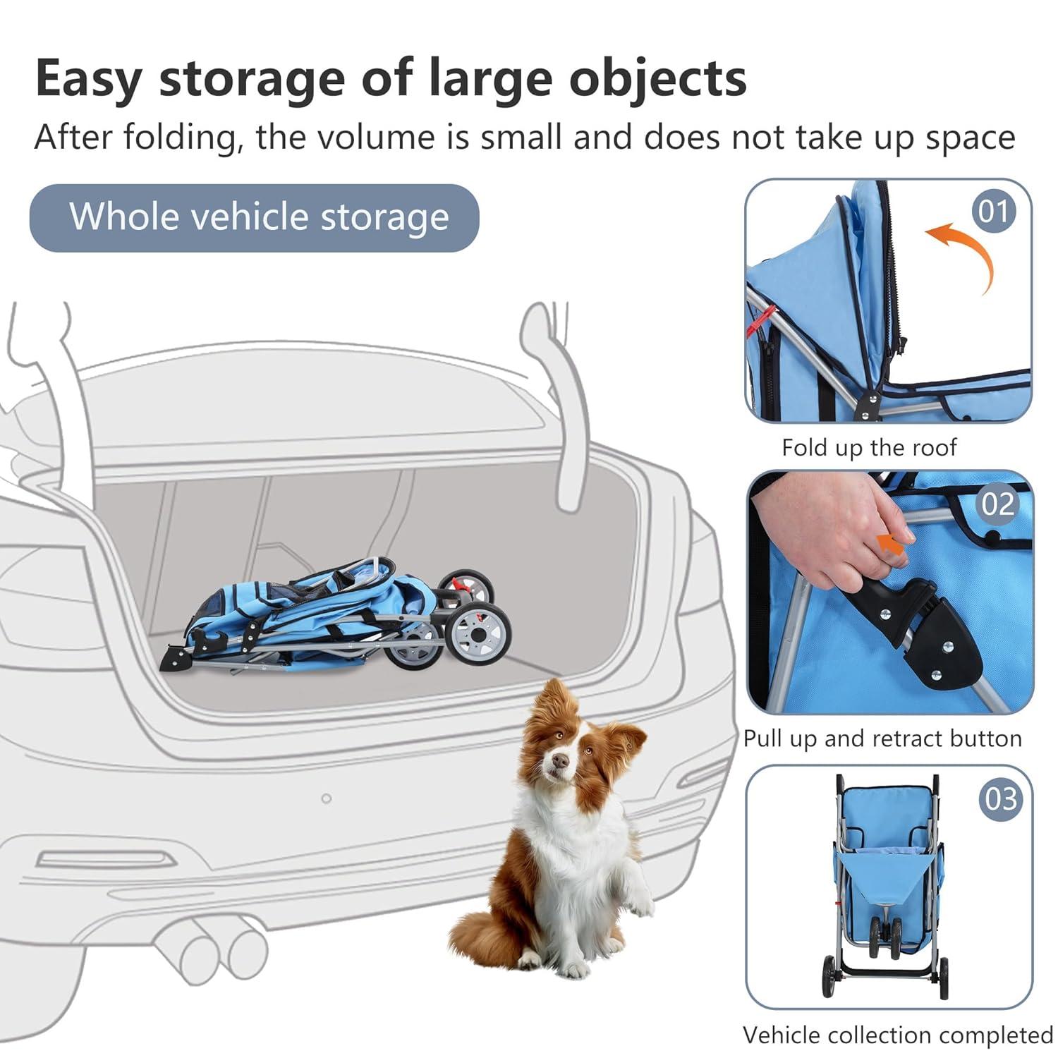 image:imageFDW Pet Stroller 3Wheel Durable Foldable Cat Dog Stroller with Washable Liner Storage Basket Cup HolderBlackBlue