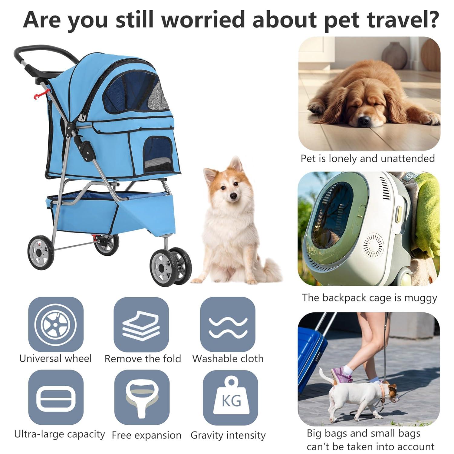 image:imageFDW Pet Stroller 3Wheel Durable Foldable Cat Dog Stroller with Washable Liner Storage Basket Cup HolderBlackBlue