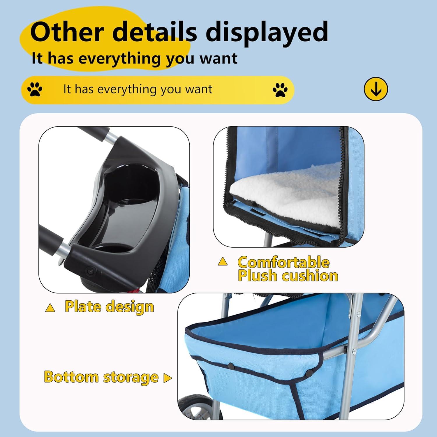 image:imageFDW Pet Stroller 3Wheel Durable Foldable Cat Dog Stroller with Washable Liner Storage Basket Cup HolderBlackBlue
