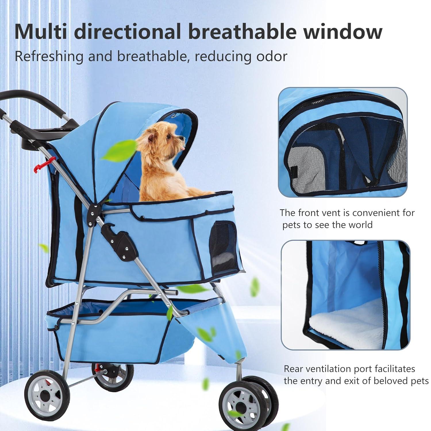 image:imageFDW Pet Stroller 3Wheel Durable Foldable Cat Dog Stroller with Washable Liner Storage Basket Cup HolderBlackBlue