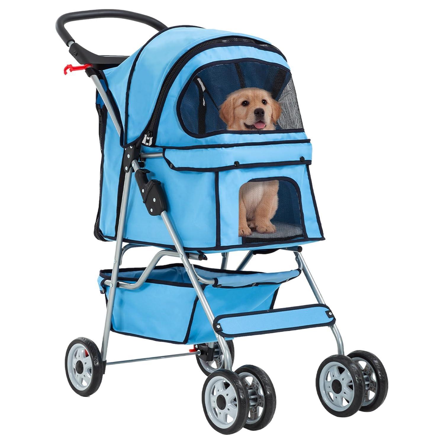 image:imageFDW Pet Stroller 3Wheel Durable Foldable Cat Dog Stroller with Washable Liner Storage Basket Cup HolderBlackBlue