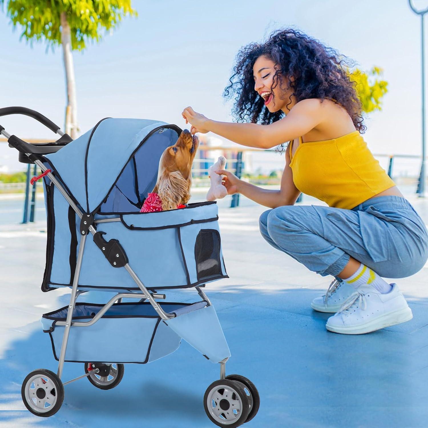 image:imageFDW Pet Stroller 3Wheel Durable Foldable Cat Dog Stroller with Washable Liner Storage Basket Cup HolderBlackBlue