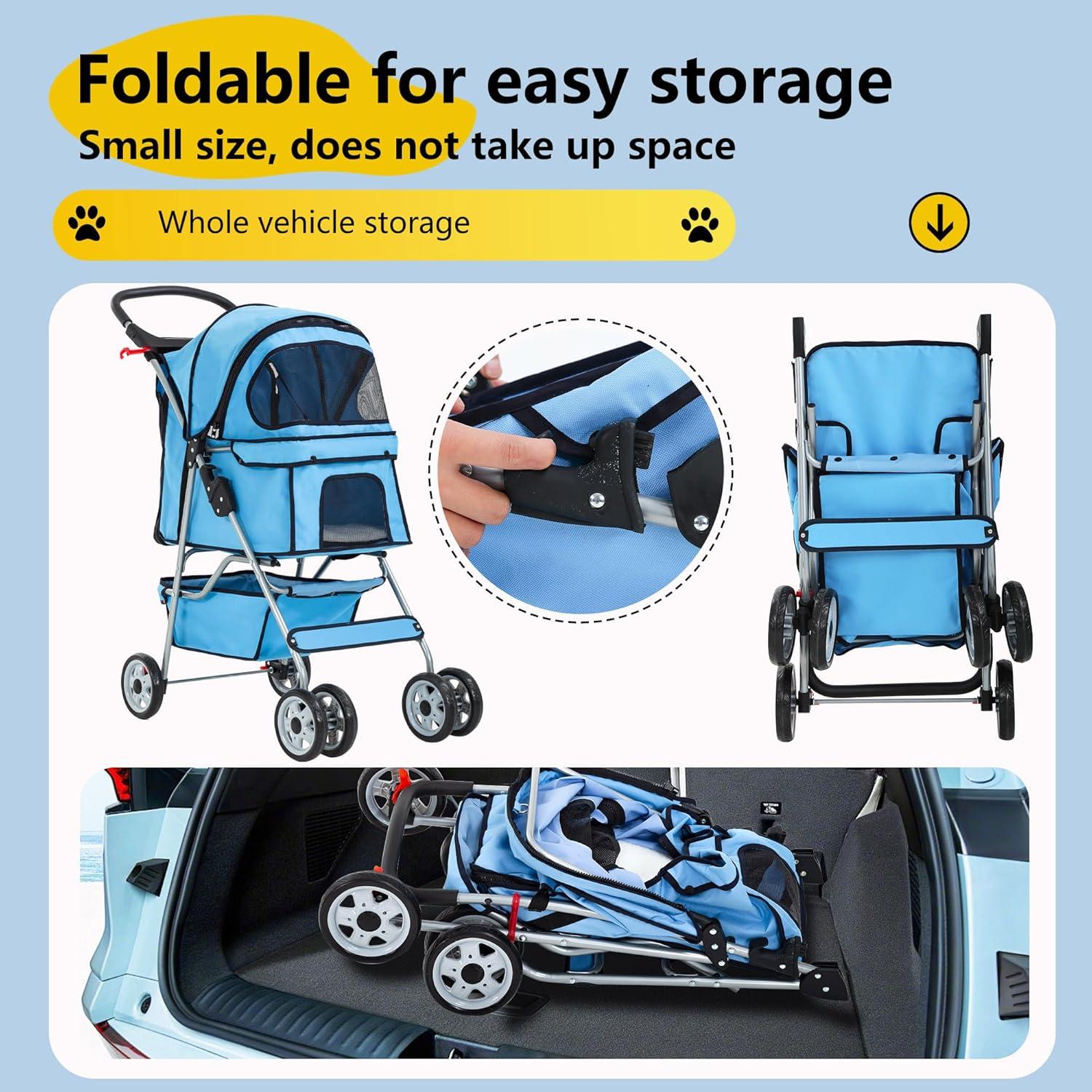 image:imageFDW Pet Stroller 3Wheel Durable Foldable Cat Dog Stroller with Washable Liner Storage Basket Cup HolderBlackBlue