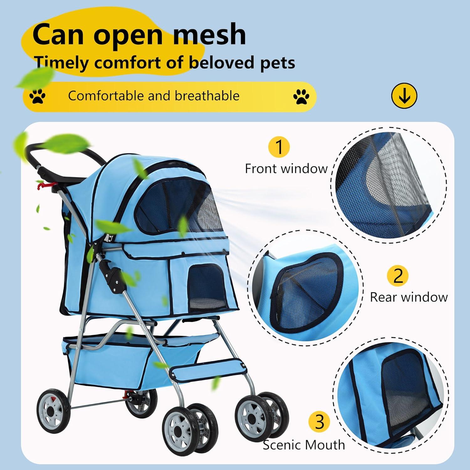 image:imageFDW Pet Stroller 3Wheel Durable Foldable Cat Dog Stroller with Washable Liner Storage Basket Cup HolderBlackBlue