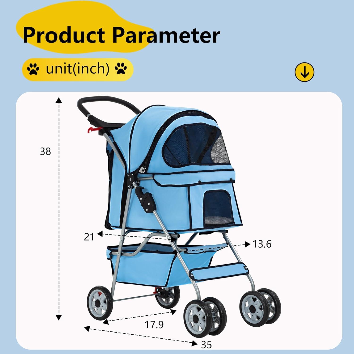 image:imageFDW Pet Stroller 3Wheel Durable Foldable Cat Dog Stroller with Washable Liner Storage Basket Cup HolderBlackBlue