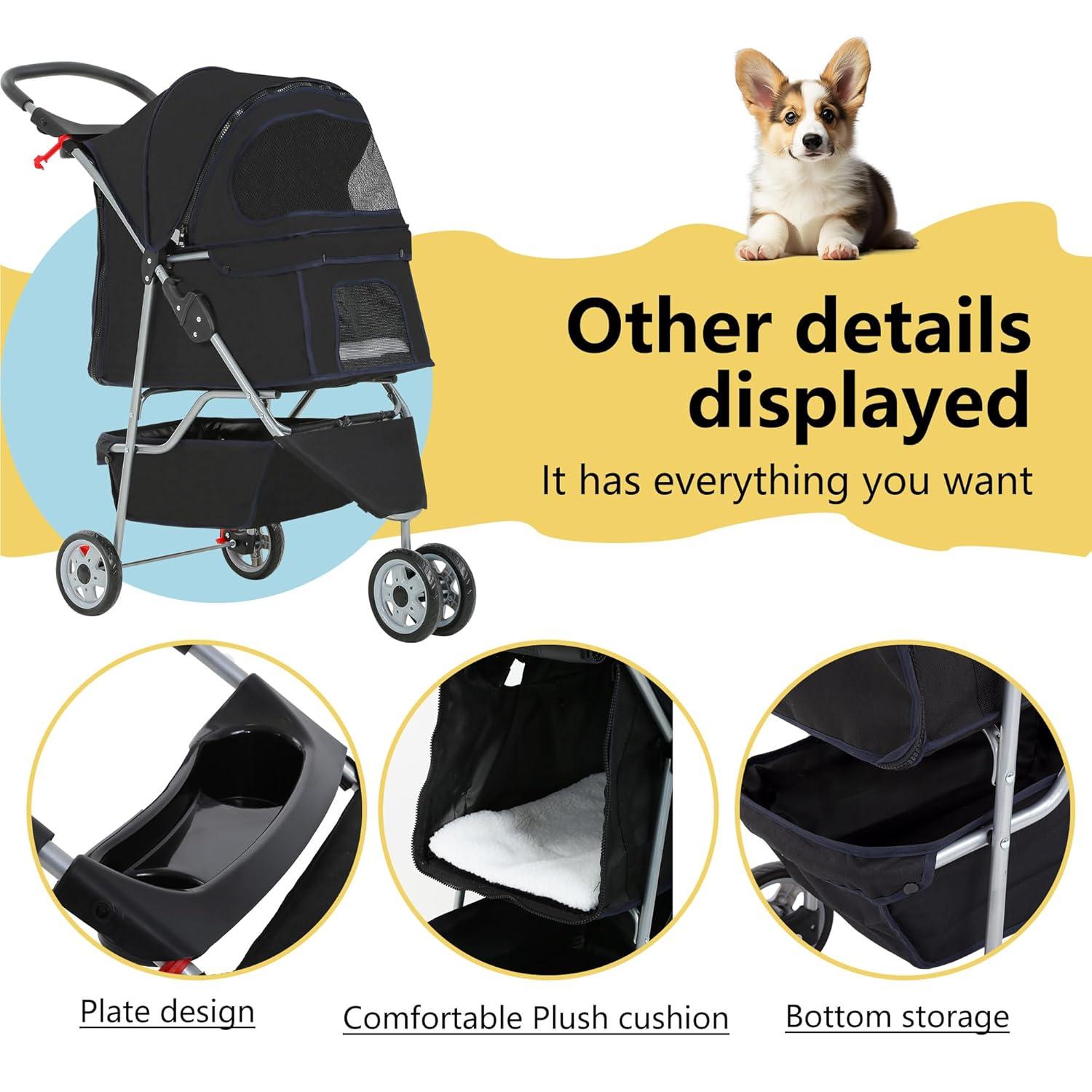 image:imageFDW Pet Stroller 3Wheel Durable Foldable Cat Dog Stroller with Washable Liner Storage Basket Cup HolderBlackDark Black