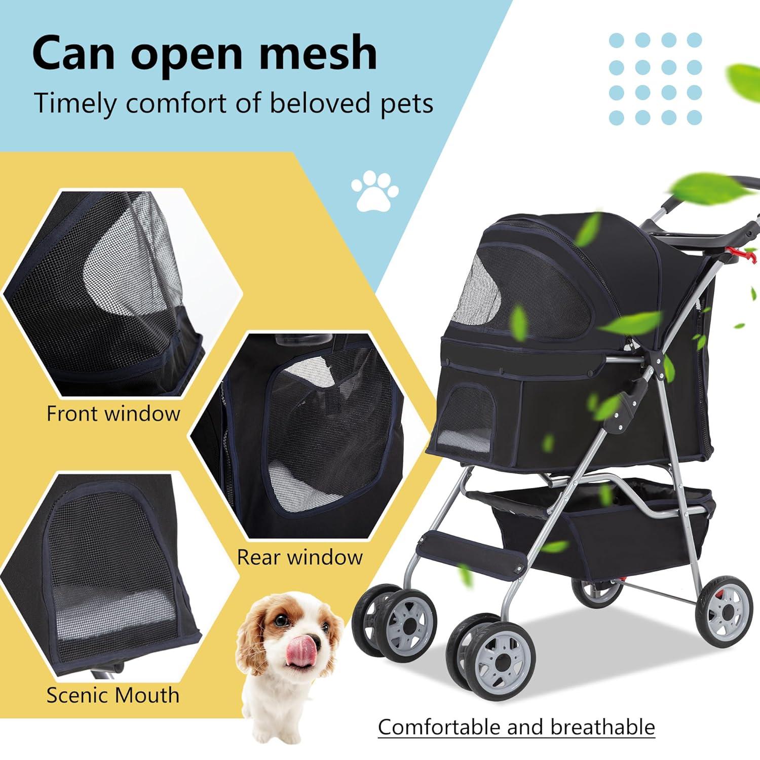 image:imageFDW Pet Stroller 3Wheel Durable Foldable Cat Dog Stroller with Washable Liner Storage Basket Cup HolderBlackDark Black