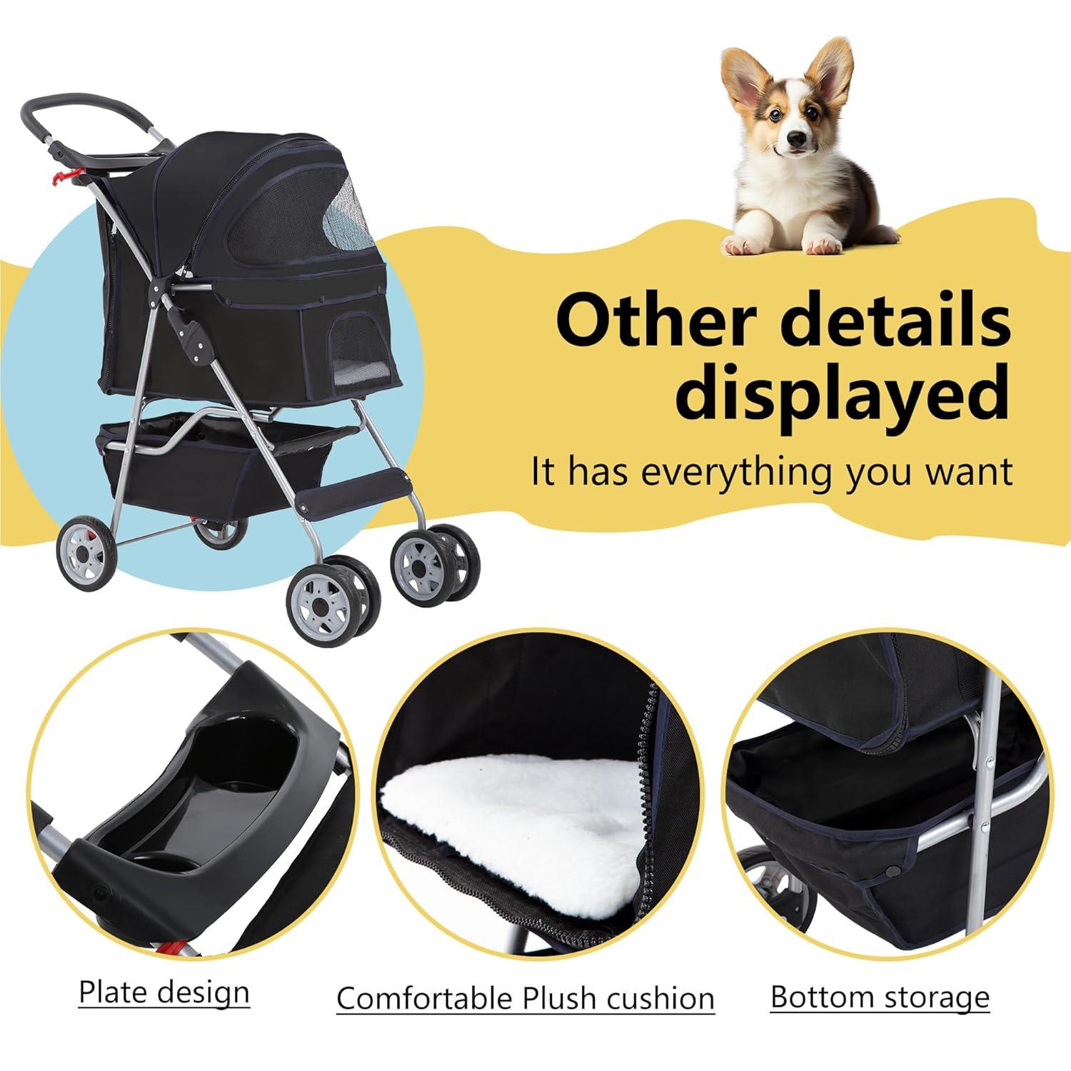 image:imageFDW Pet Stroller 3Wheel Durable Foldable Cat Dog Stroller with Washable Liner Storage Basket Cup HolderBlackDark Black