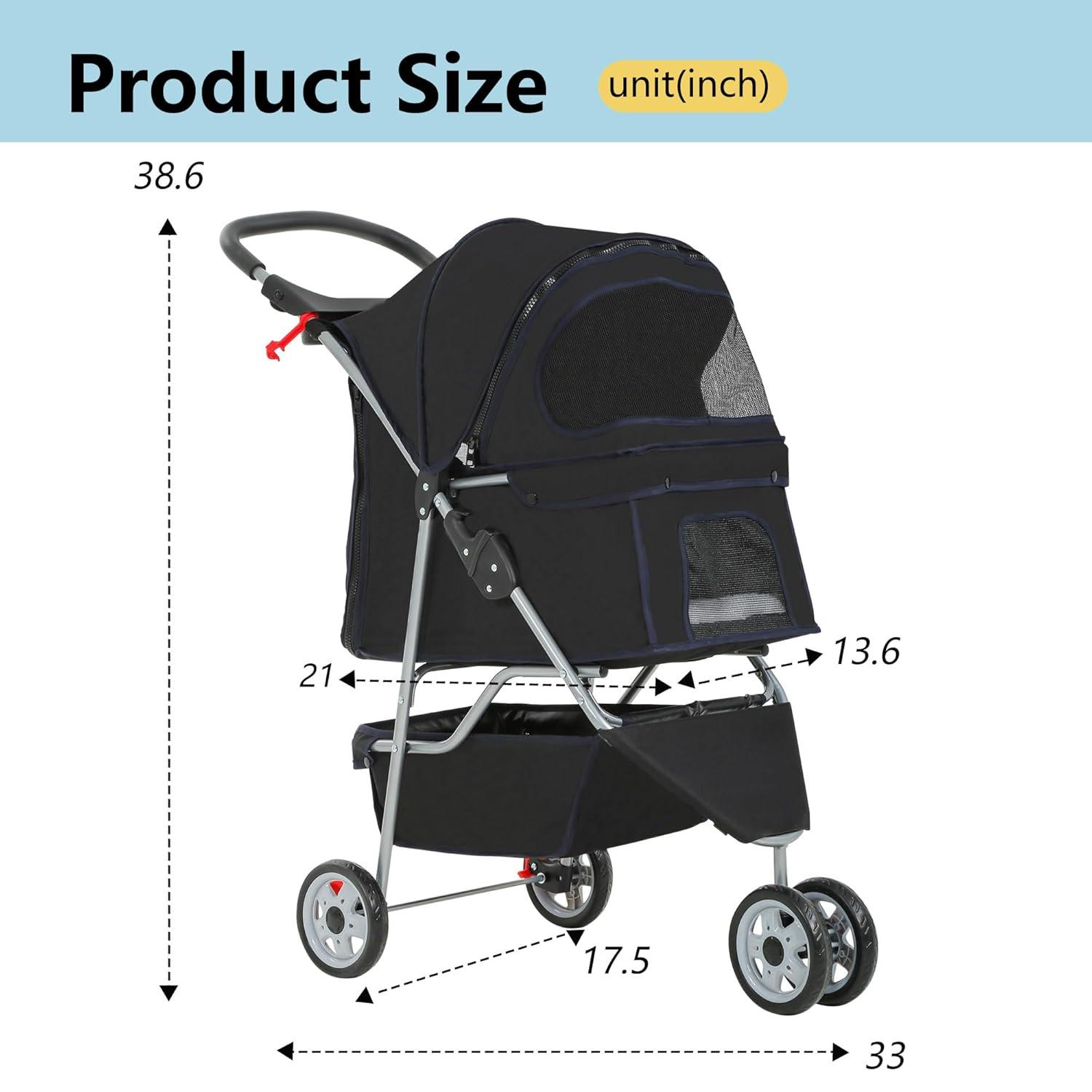 image:imageFDW Pet Stroller 3Wheel Durable Foldable Cat Dog Stroller with Washable Liner Storage Basket Cup HolderBlackDark Black