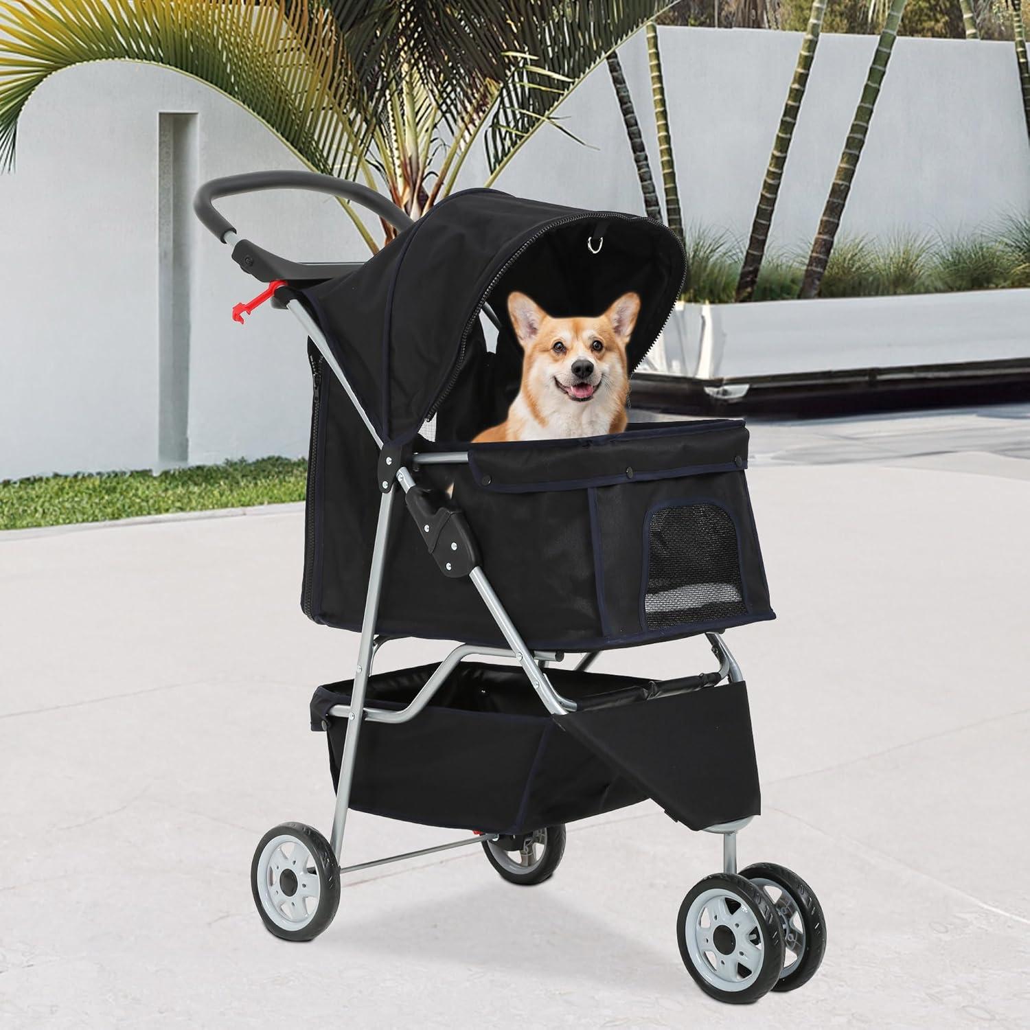 image:imageFDW Pet Stroller 3Wheel Durable Foldable Cat Dog Stroller with Washable Liner Storage Basket Cup HolderBlackDark Black