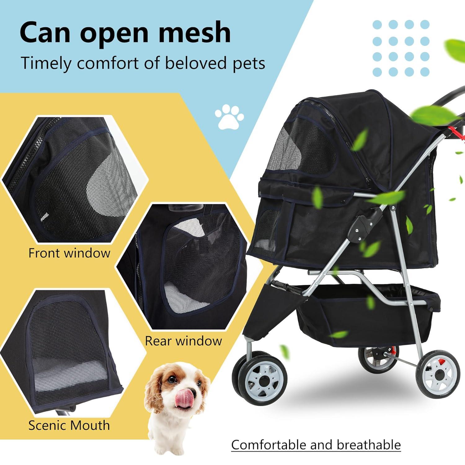 image:imageFDW Pet Stroller 3Wheel Durable Foldable Cat Dog Stroller with Washable Liner Storage Basket Cup HolderBlackDark Black