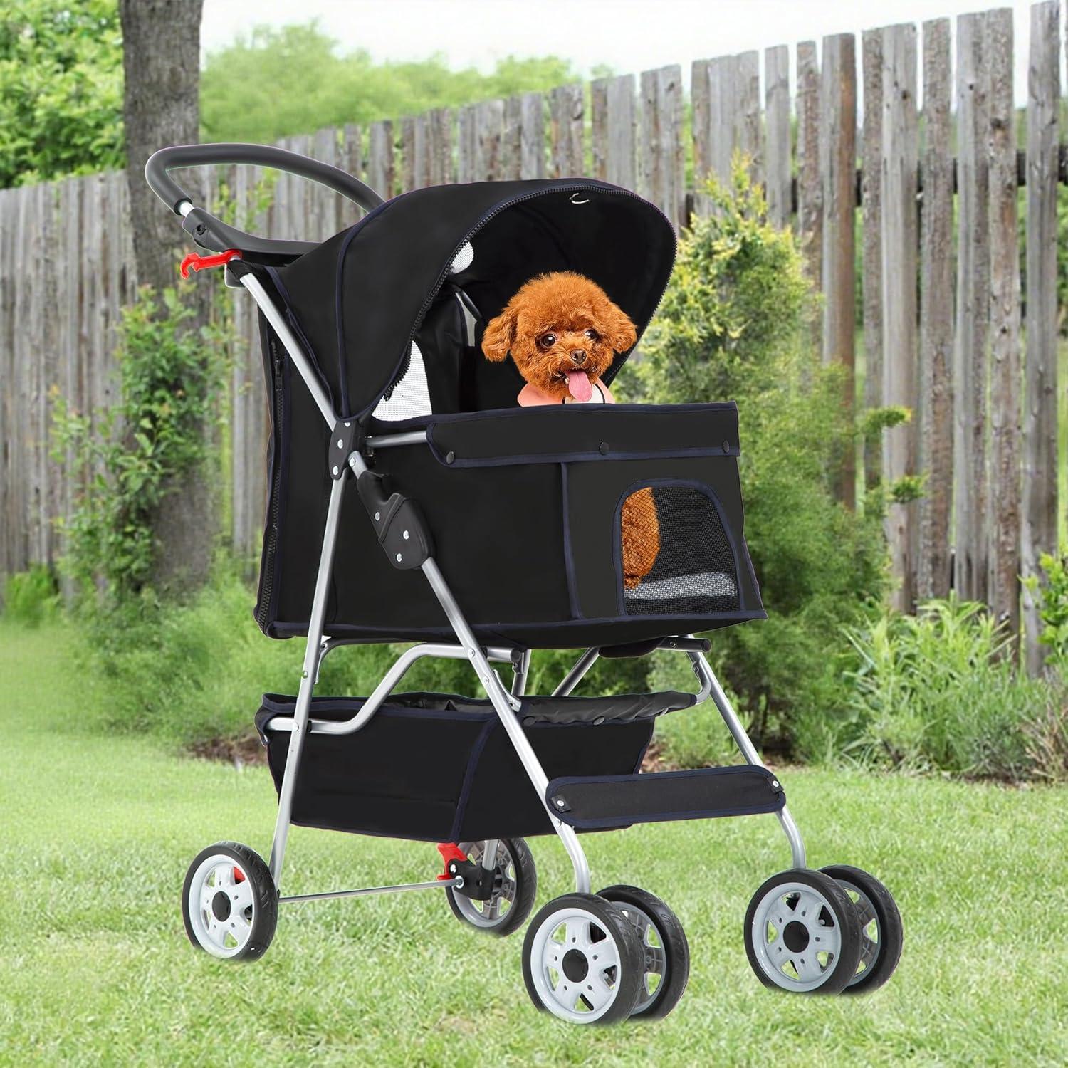 image:imageFDW Pet Stroller 3Wheel Durable Foldable Cat Dog Stroller with Washable Liner Storage Basket Cup HolderBlackDark Black