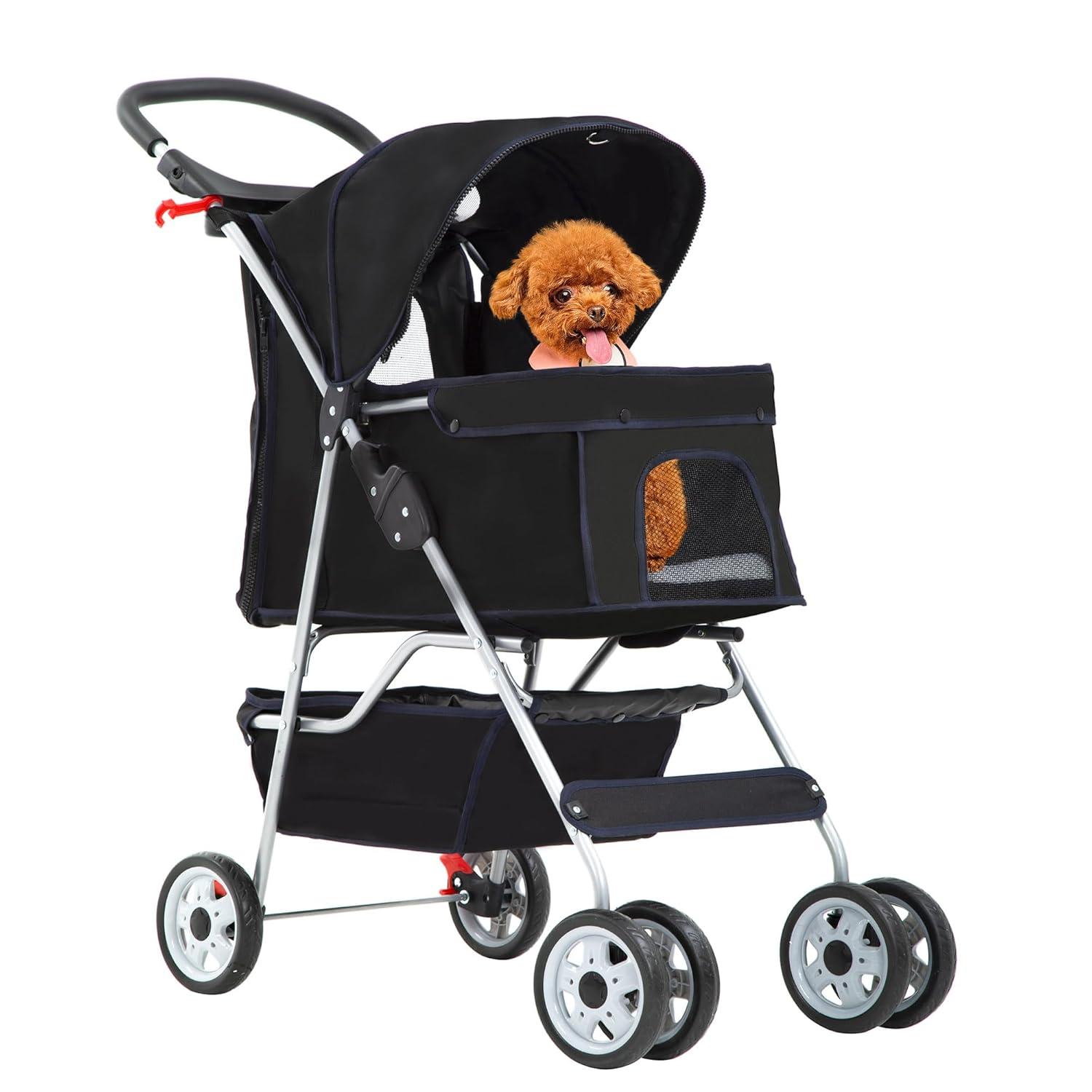 image:imageFDW Pet Stroller 3Wheel Durable Foldable Cat Dog Stroller with Washable Liner Storage Basket Cup HolderBlackDark Black