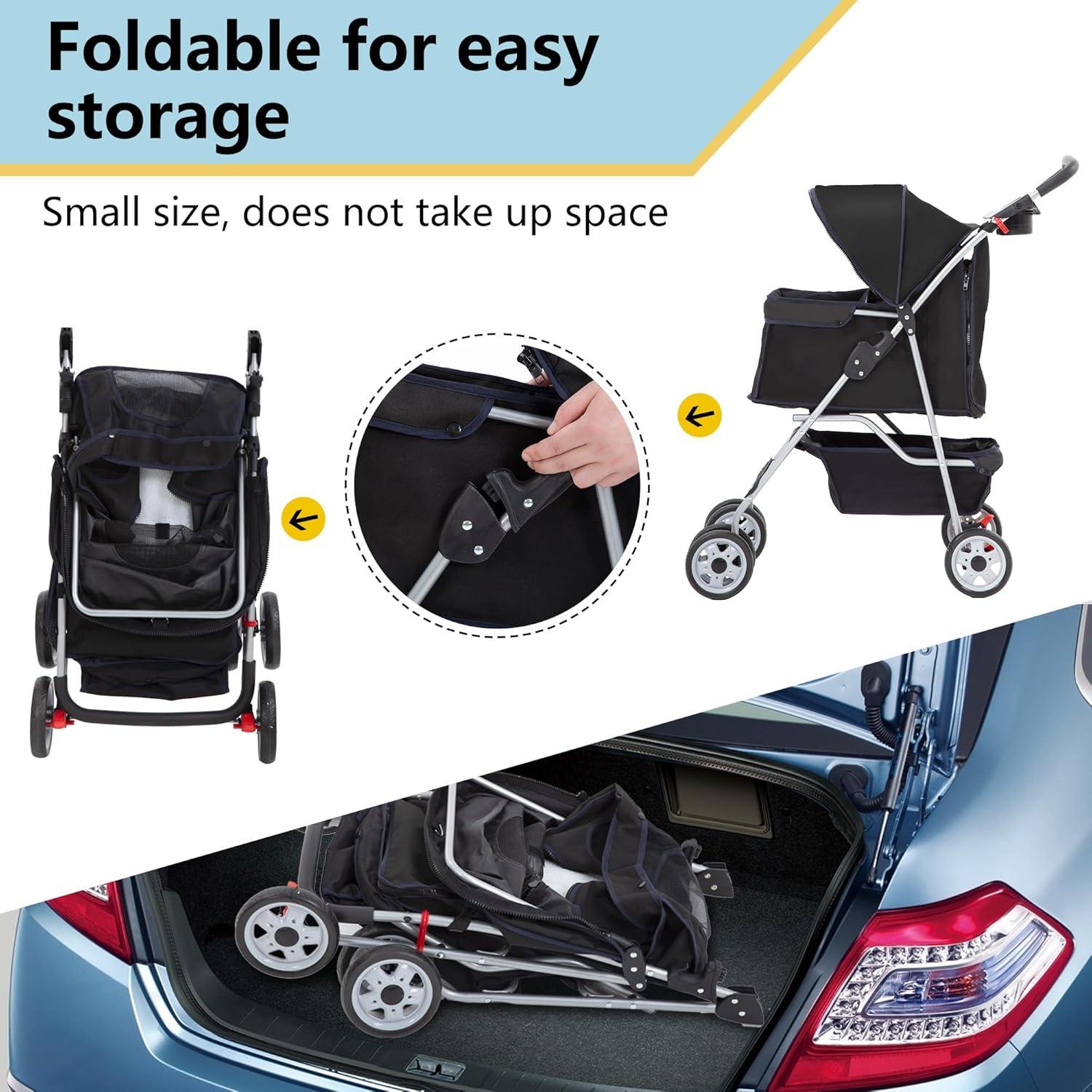 image:imageFDW Pet Stroller 3Wheel Durable Foldable Cat Dog Stroller with Washable Liner Storage Basket Cup HolderBlackDark Black