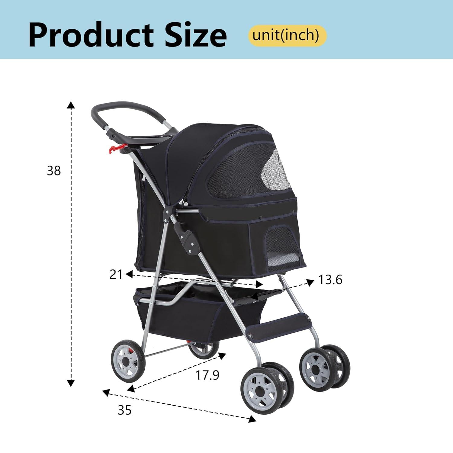 image:imageFDW Pet Stroller 3Wheel Durable Foldable Cat Dog Stroller with Washable Liner Storage Basket Cup HolderBlackDark Black