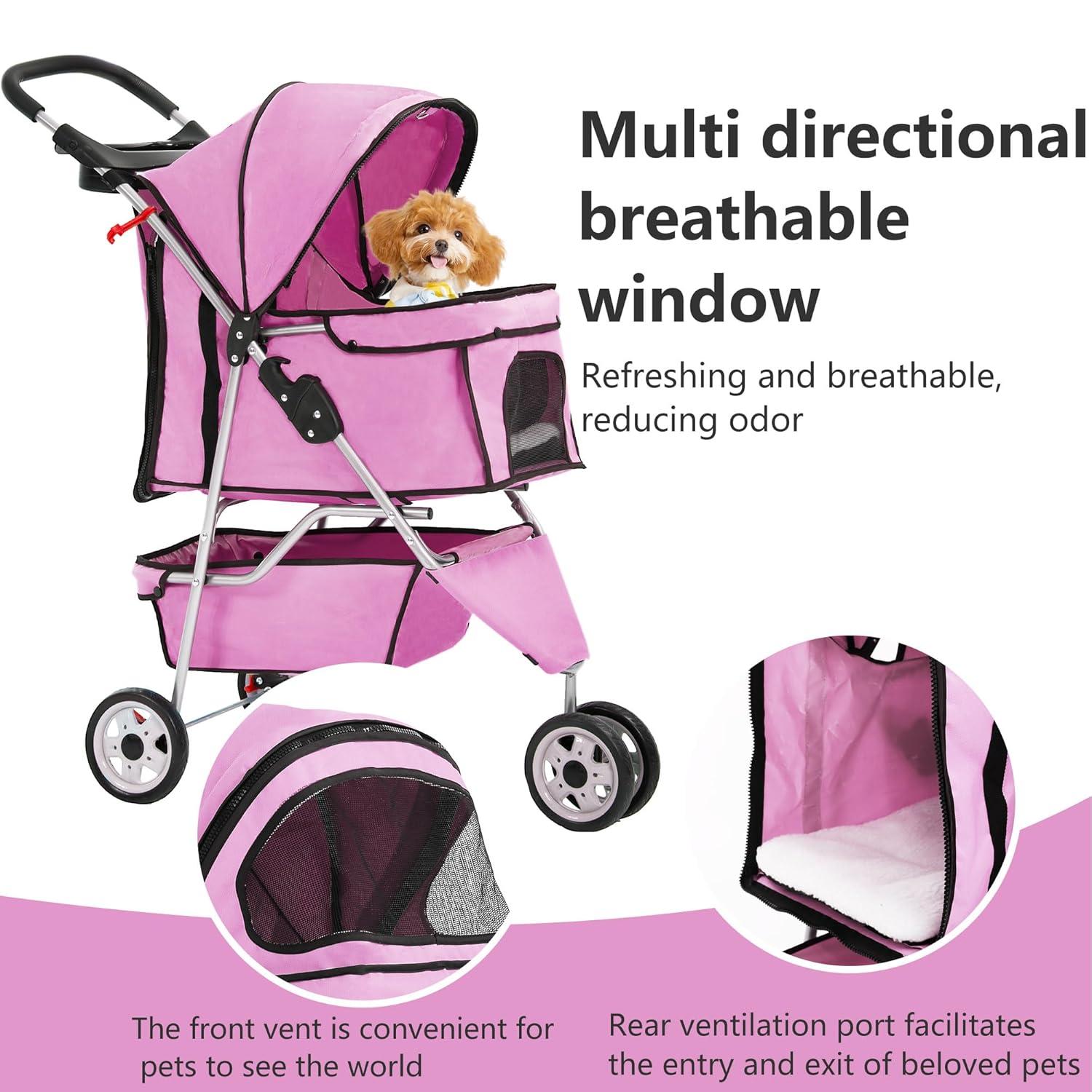 image:imageFDW Pet Stroller 3Wheel Durable Foldable Cat Dog Stroller with Washable Liner Storage Basket Cup HolderBlackPeach Pink
