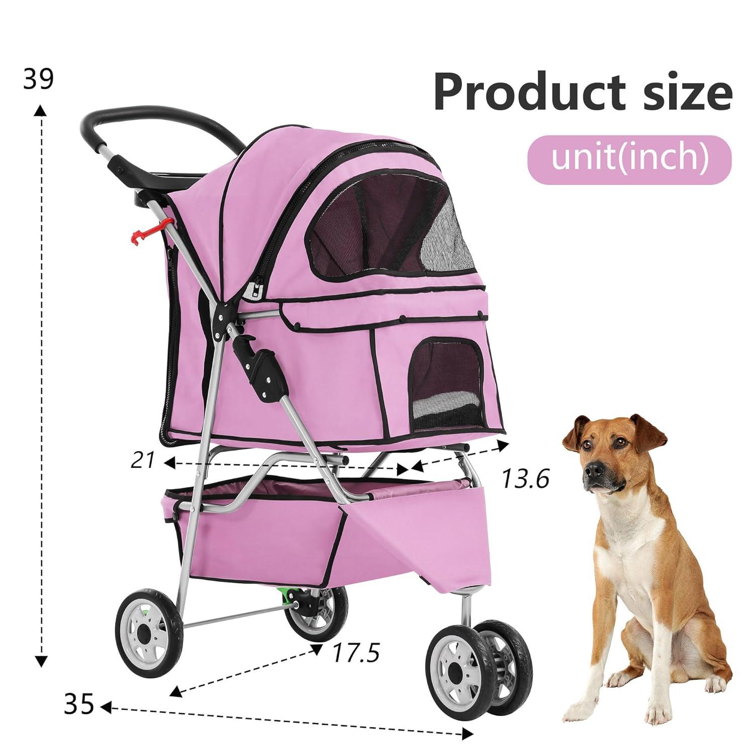 image:imageFDW Pet Stroller 3Wheel Durable Foldable Cat Dog Stroller with Washable Liner Storage Basket Cup HolderBlackPeach Pink