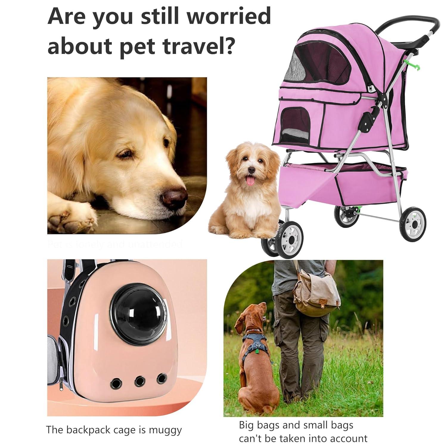 image:imageFDW Pet Stroller 3Wheel Durable Foldable Cat Dog Stroller with Washable Liner Storage Basket Cup HolderBlackPeach Pink