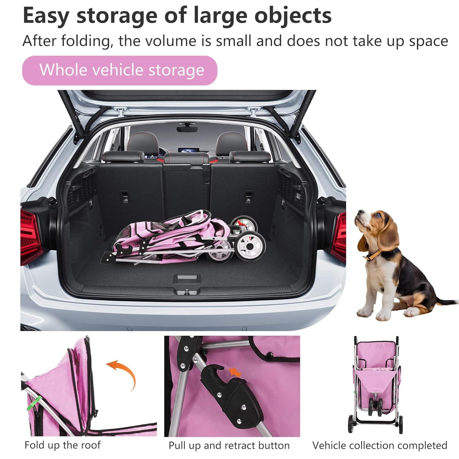 image:imageFDW Pet Stroller 3Wheel Durable Foldable Cat Dog Stroller with Washable Liner Storage Basket Cup HolderBlackPeach Pink