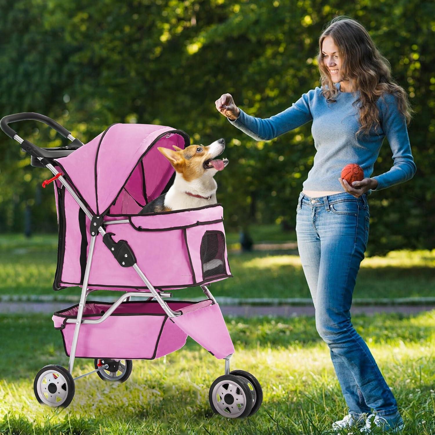 image:imageFDW Pet Stroller 3Wheel Durable Foldable Cat Dog Stroller with Washable Liner Storage Basket Cup HolderBlackPeach Pink
