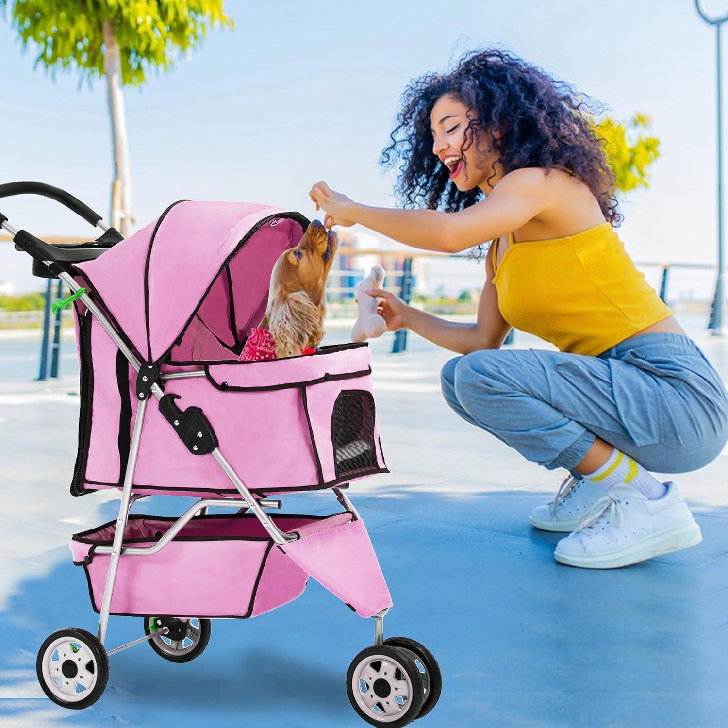image:imageFDW Pet Stroller 3Wheel Durable Foldable Cat Dog Stroller with Washable Liner Storage Basket Cup HolderBlackPink