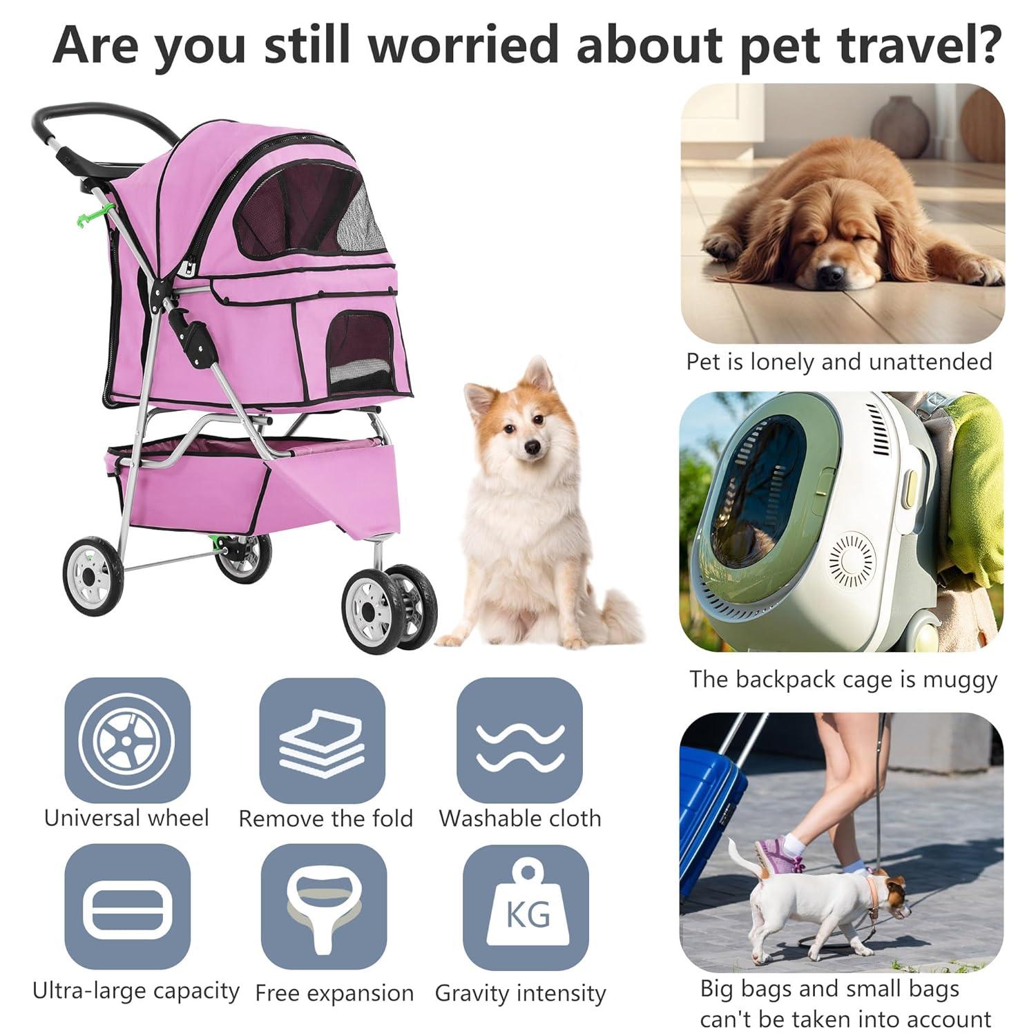 image:imageFDW Pet Stroller 3Wheel Durable Foldable Cat Dog Stroller with Washable Liner Storage Basket Cup HolderBlackPink