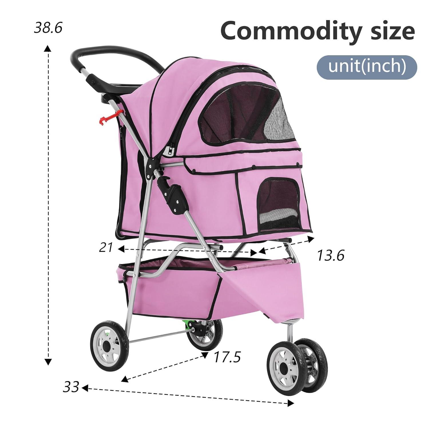 image:imageFDW Pet Stroller 3Wheel Durable Foldable Cat Dog Stroller with Washable Liner Storage Basket Cup HolderBlackPink