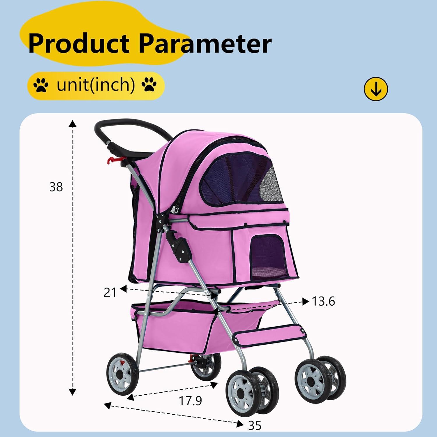 image:imageFDW Pet Stroller 3Wheel Durable Foldable Cat Dog Stroller with Washable Liner Storage Basket Cup HolderBlackPink
