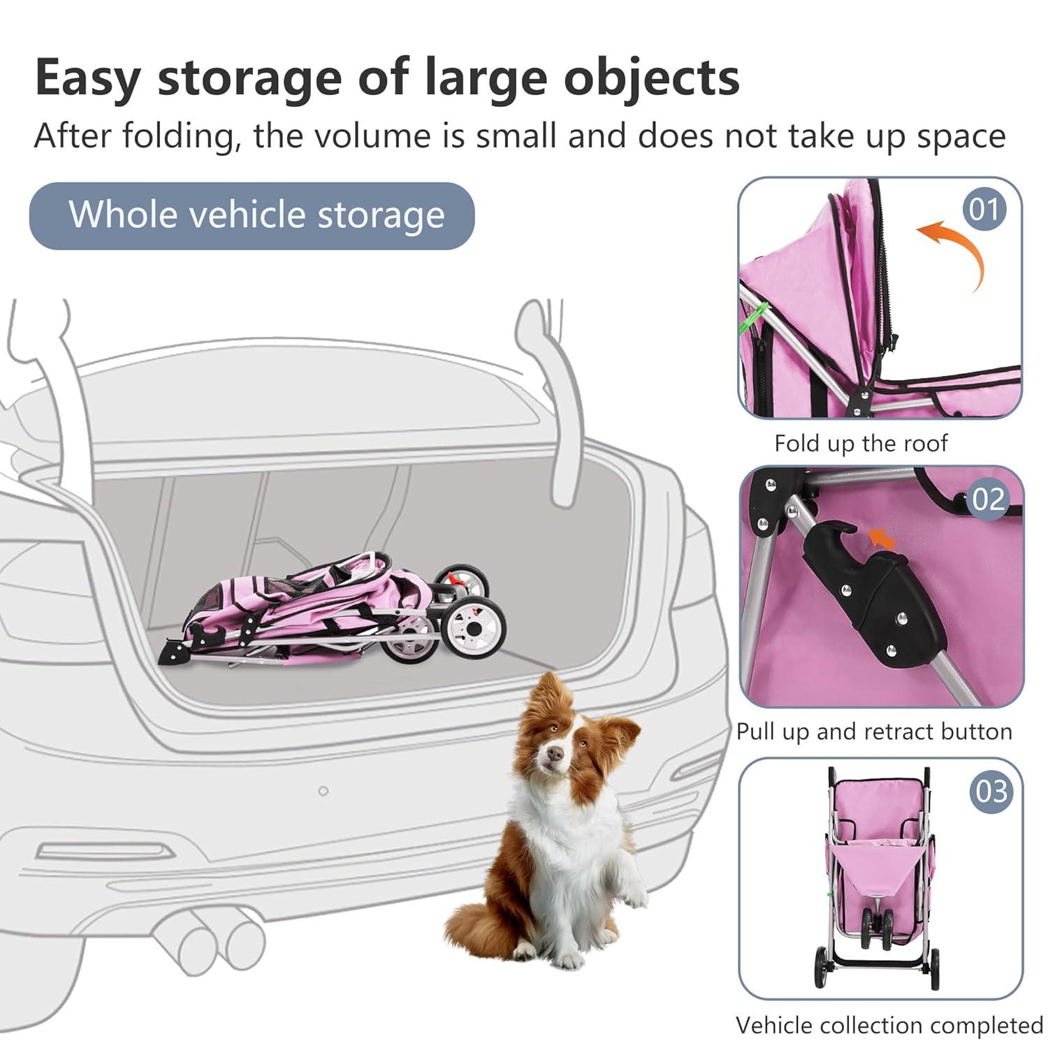 image:imageFDW Pet Stroller 3Wheel Durable Foldable Cat Dog Stroller with Washable Liner Storage Basket Cup HolderBlackPink