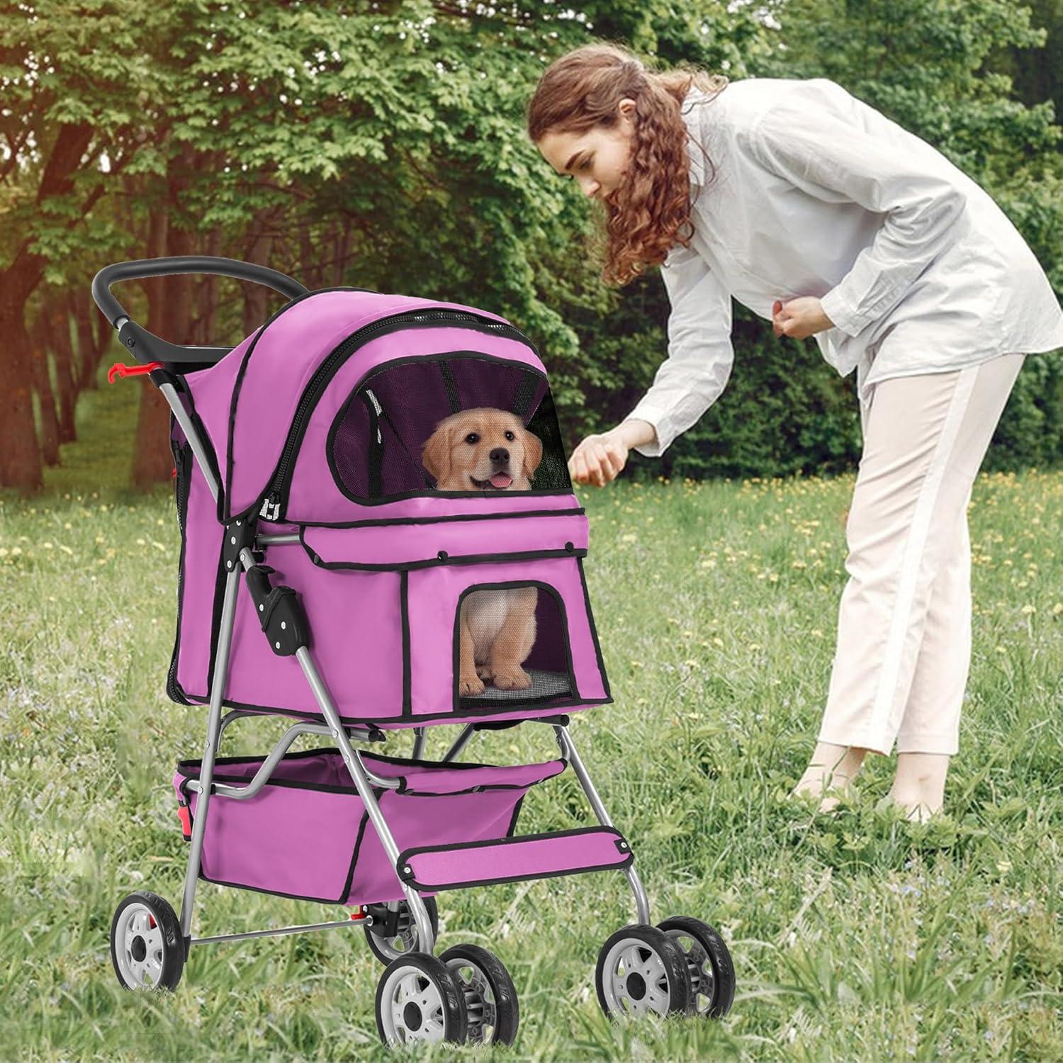 image:imageFDW Pet Stroller 3Wheel Durable Foldable Cat Dog Stroller with Washable Liner Storage Basket Cup HolderBlackPink