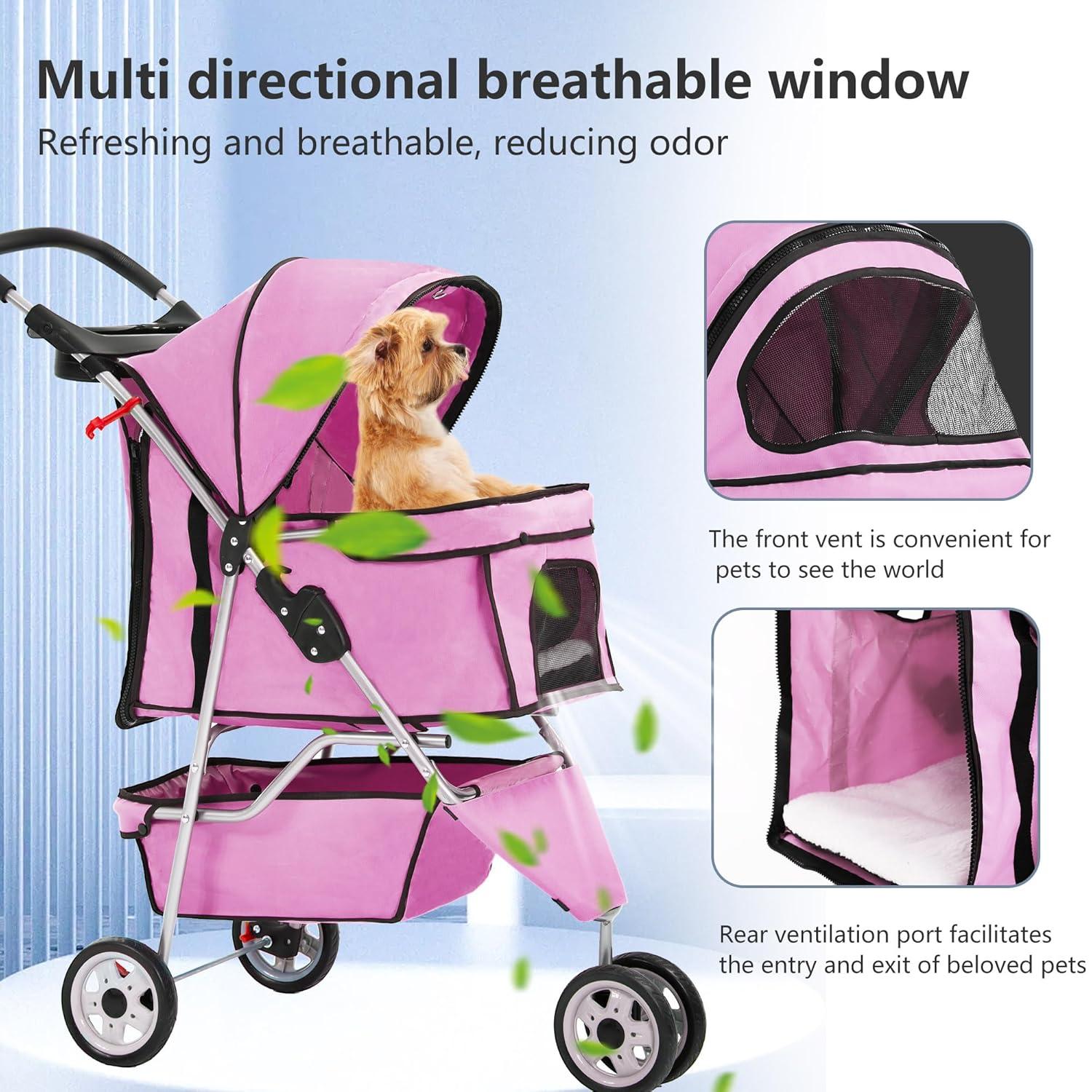 image:imageFDW Pet Stroller 3Wheel Durable Foldable Cat Dog Stroller with Washable Liner Storage Basket Cup HolderBlackPink