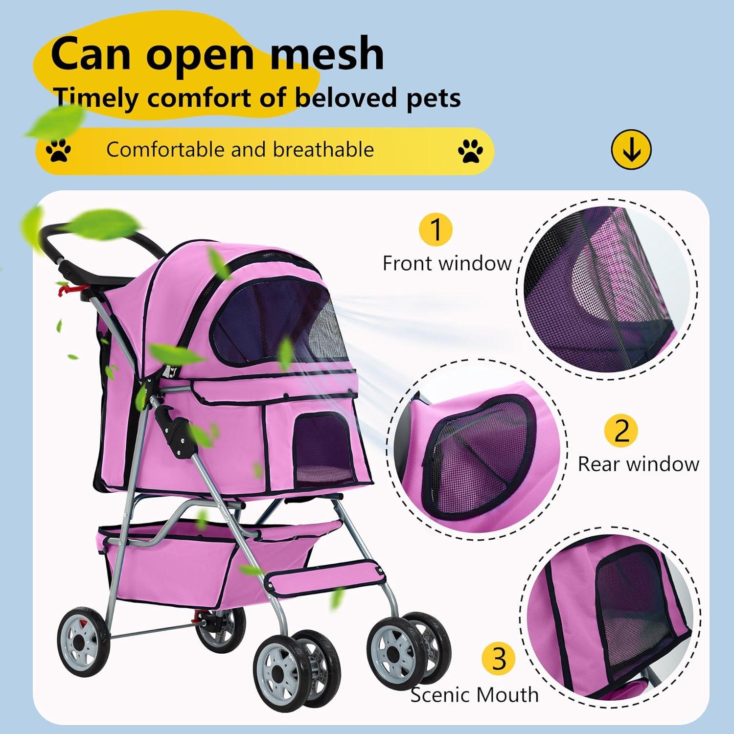 image:imageFDW Pet Stroller 3Wheel Durable Foldable Cat Dog Stroller with Washable Liner Storage Basket Cup HolderBlackPink