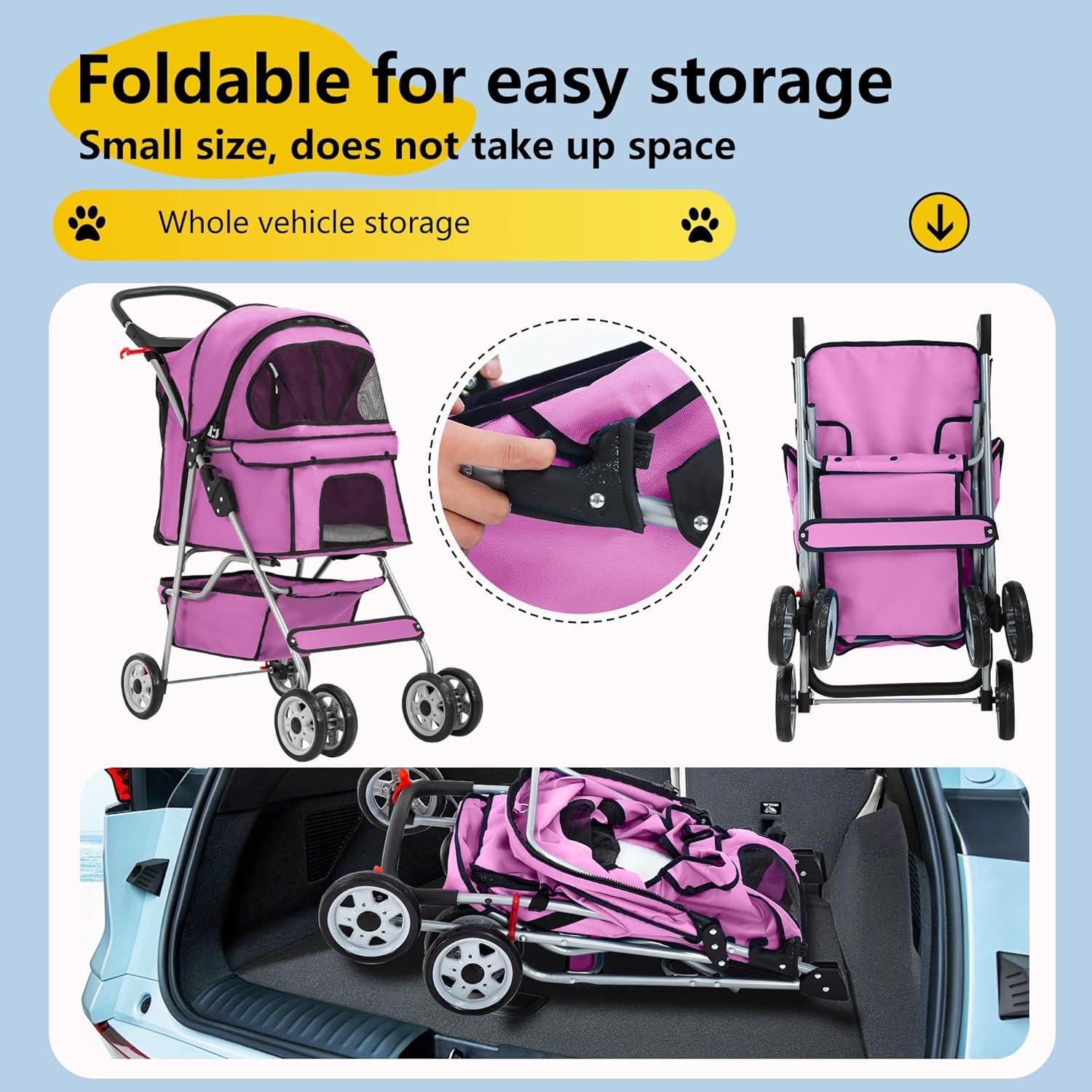 image:imageFDW Pet Stroller 3Wheel Durable Foldable Cat Dog Stroller with Washable Liner Storage Basket Cup HolderBlackPink