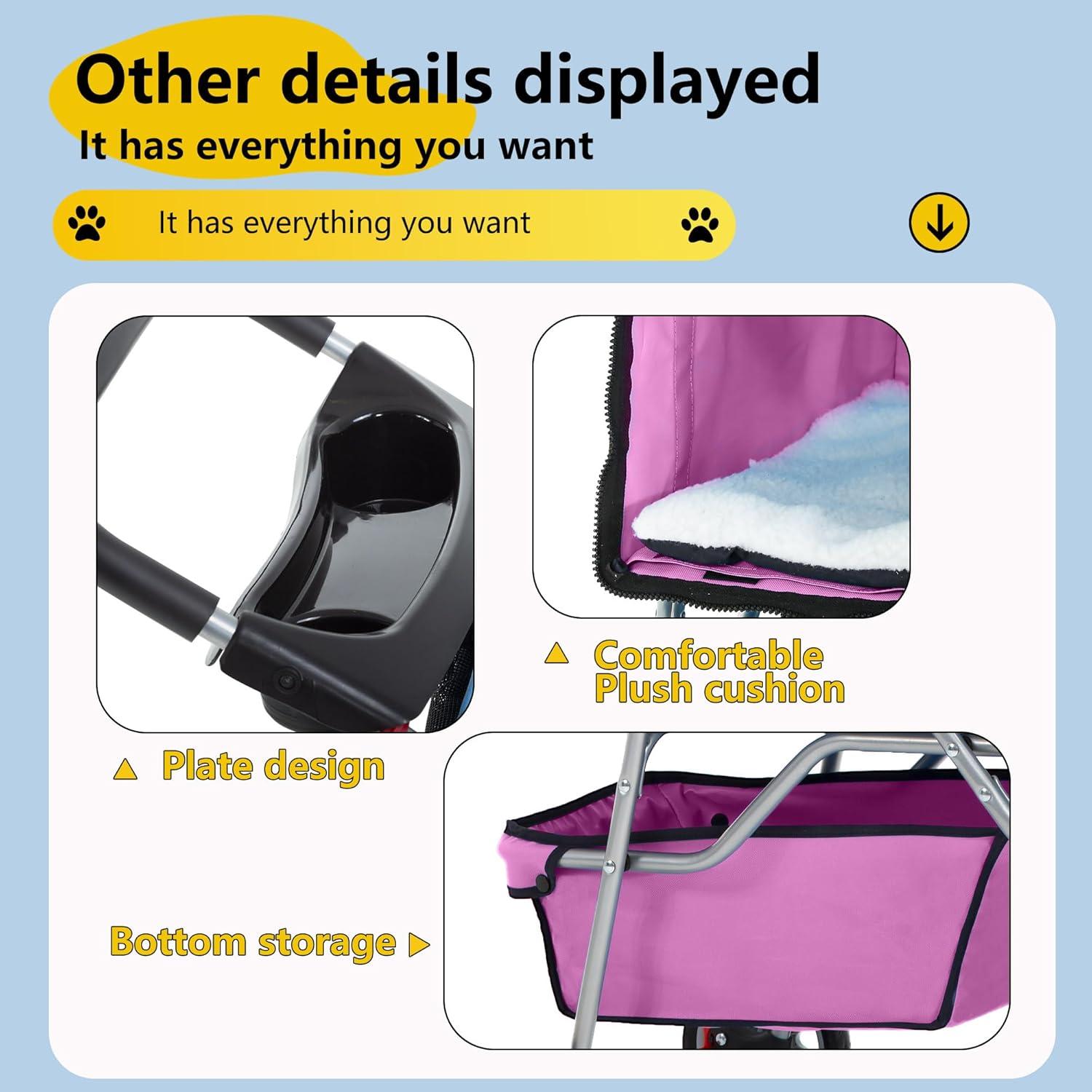 image:imageFDW Pet Stroller 3Wheel Durable Foldable Cat Dog Stroller with Washable Liner Storage Basket Cup HolderBlackPink