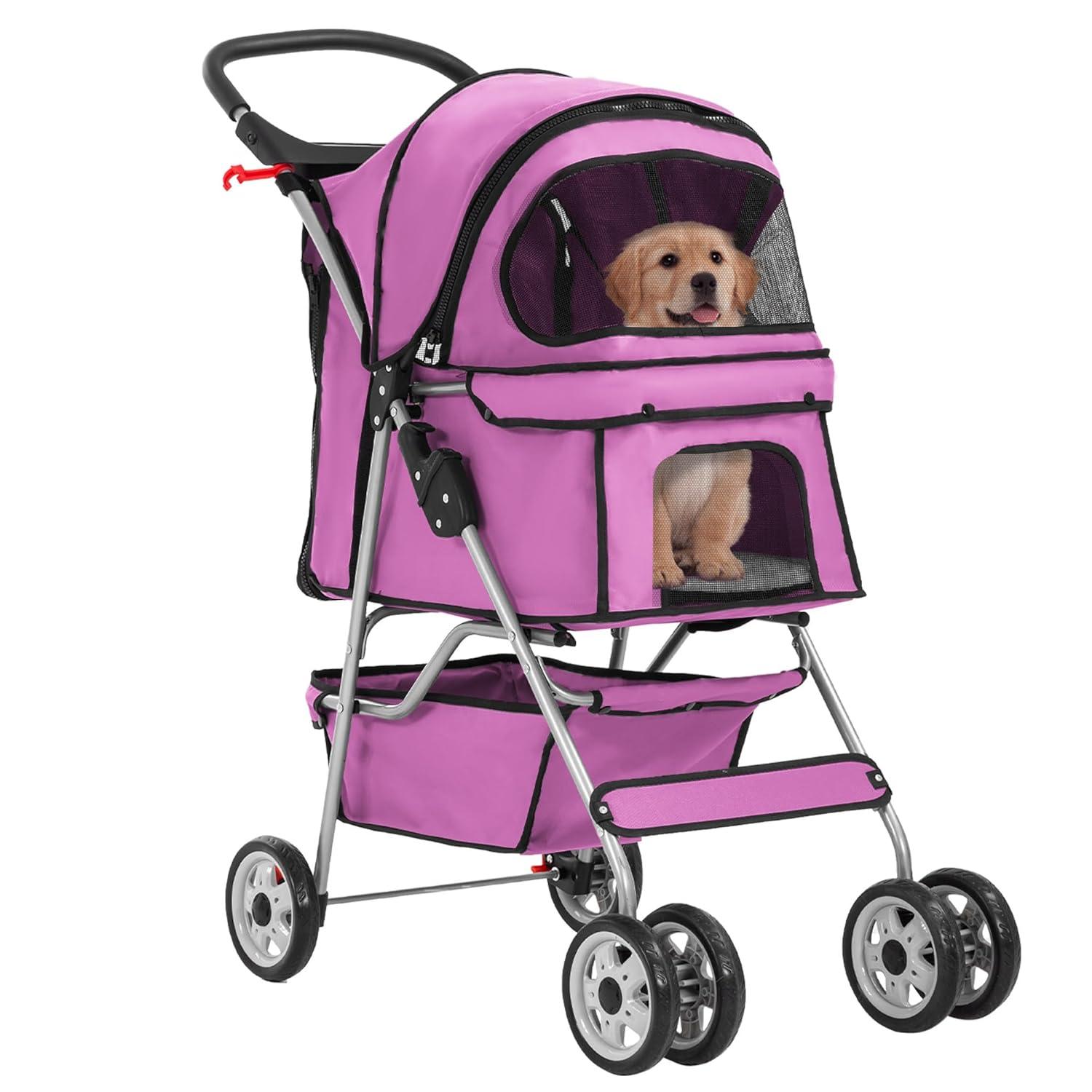 image:imageFDW Pet Stroller 3Wheel Durable Foldable Cat Dog Stroller with Washable Liner Storage Basket Cup HolderBlackPink