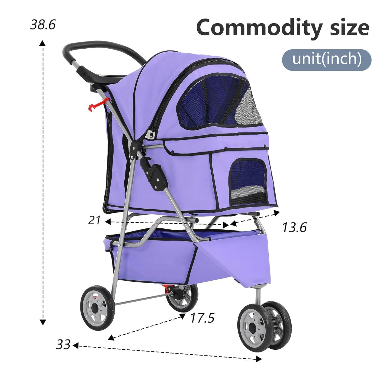 image:imageFDW Pet Stroller 3Wheel Durable Foldable Cat Dog Stroller with Washable Liner Storage Basket Cup HolderBlackPurple