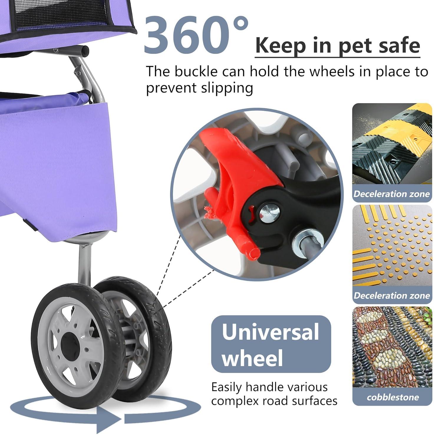 image:imageFDW Pet Stroller 3Wheel Durable Foldable Cat Dog Stroller with Washable Liner Storage Basket Cup HolderBlackPurple