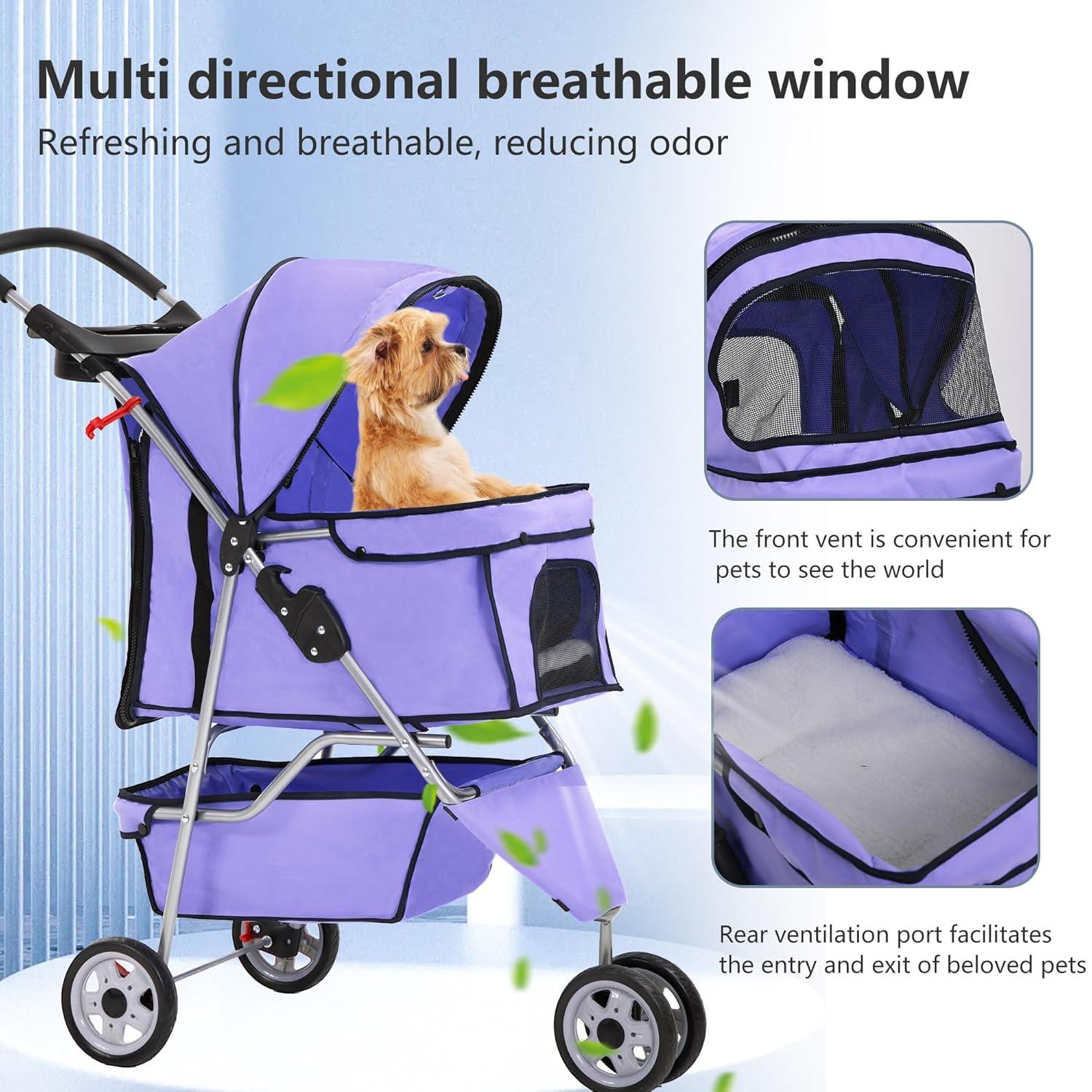 image:imageFDW Pet Stroller 3Wheel Durable Foldable Cat Dog Stroller with Washable Liner Storage Basket Cup HolderBlackPurple